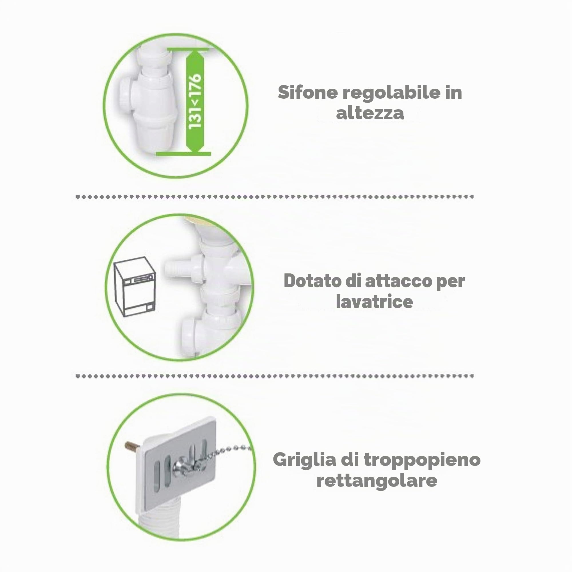 Wirquin 30721103 Scarico per lavello 2 vasche D60 con troppopieno e presa lavatrice, bianco