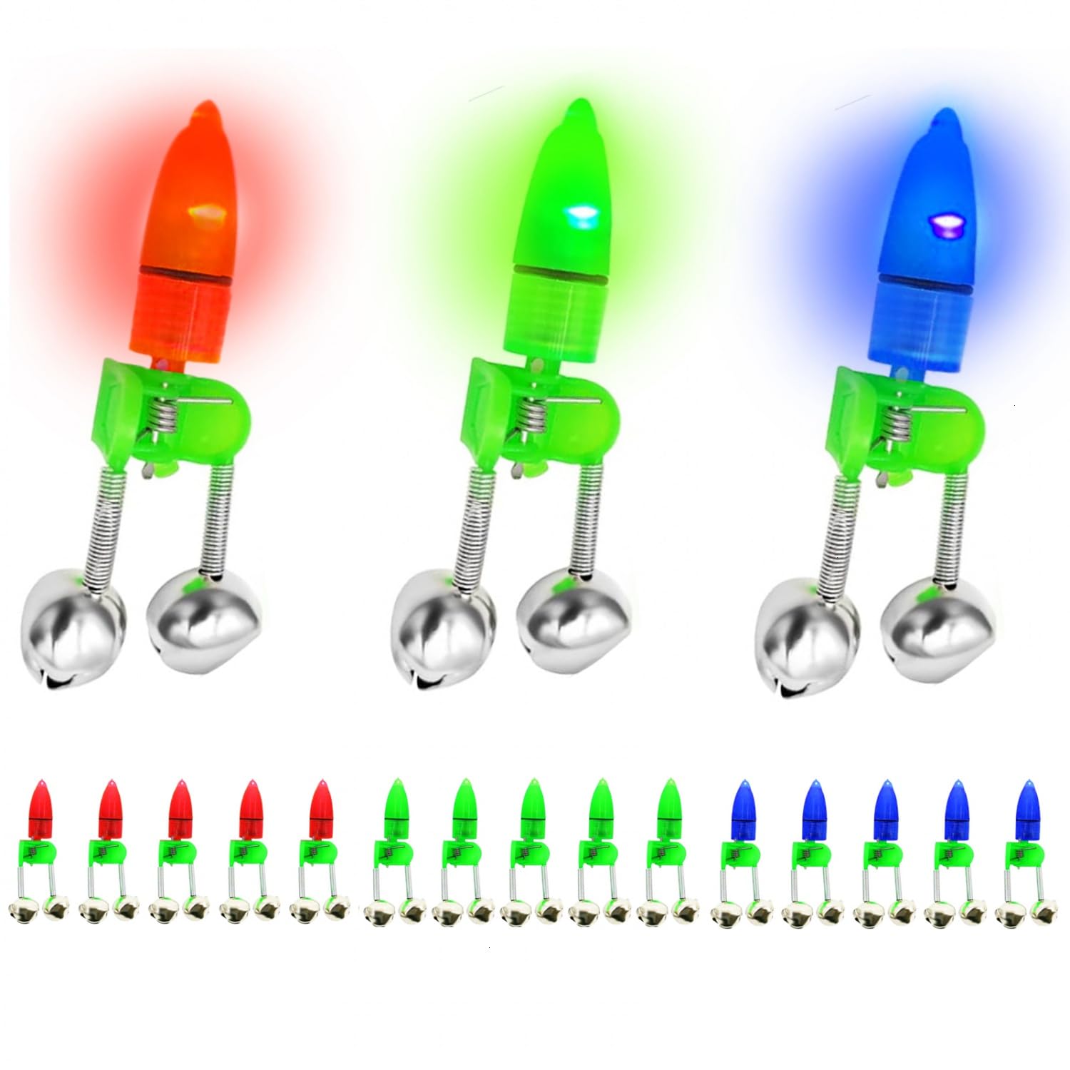 SenseYo 30 Pcs Fishing Bells Clips Fishing Rod Alarm with Dual Alert Bells with Colorful Lights (Red Green Blue)