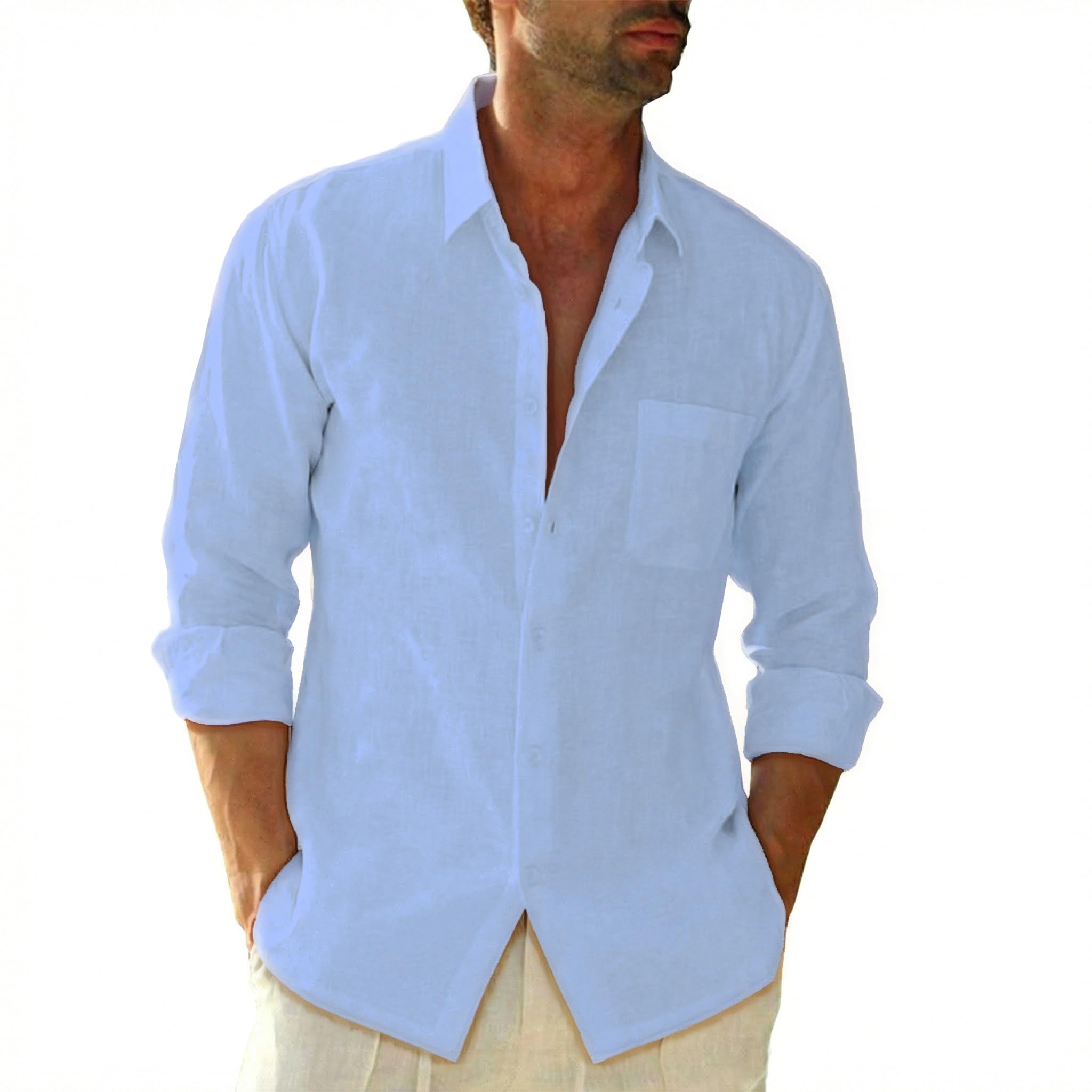 SEAYIJIA Leinenhemd Herren Langarm Baumwolle Leinen Hemden mit Tasche Freizeit Strandhemd Regular Fit Sommerhemd