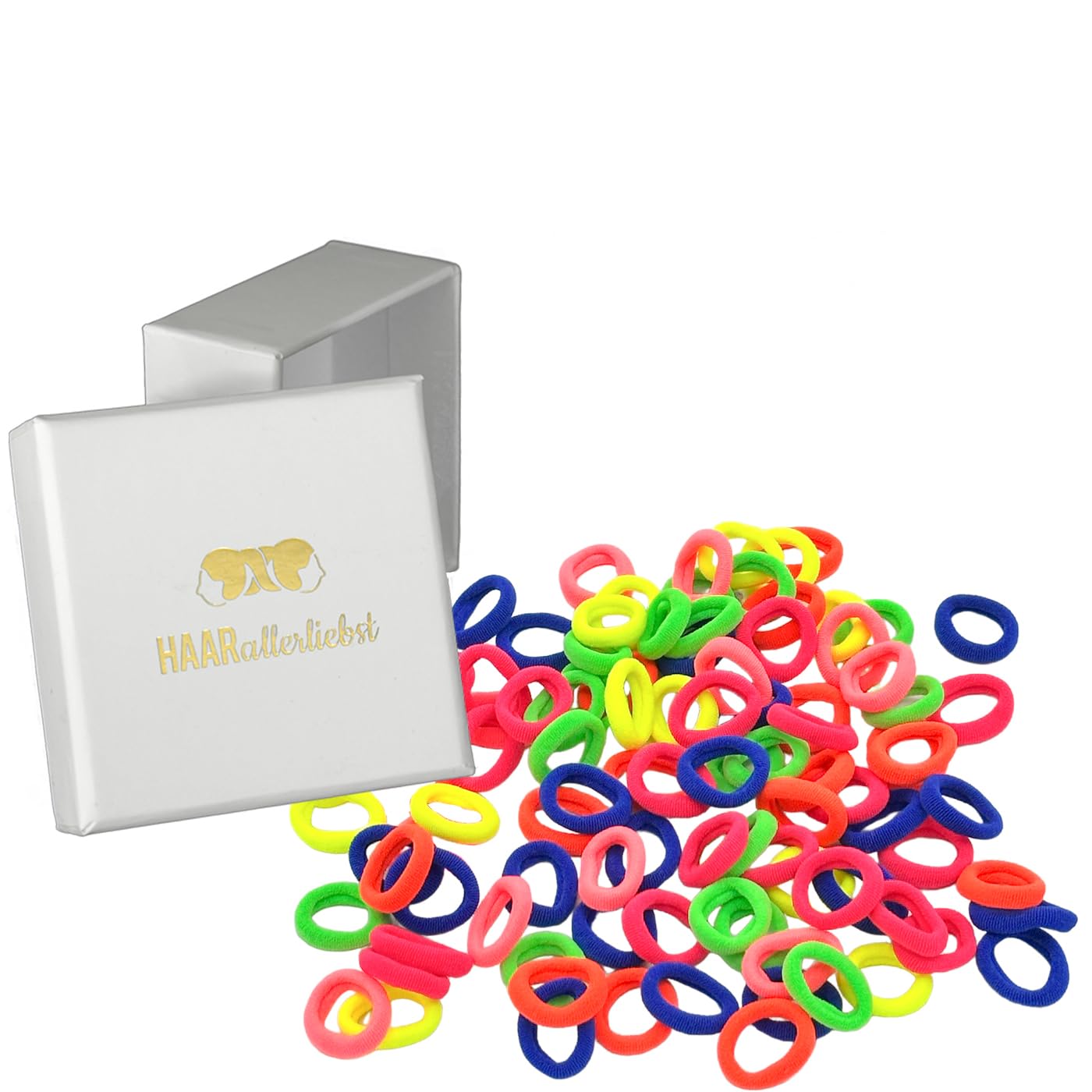 Hair Bobbles Small Colourful Mix Neon and Pastel (Pack of 100, Neon Box White), 100 count (Pack of 1)