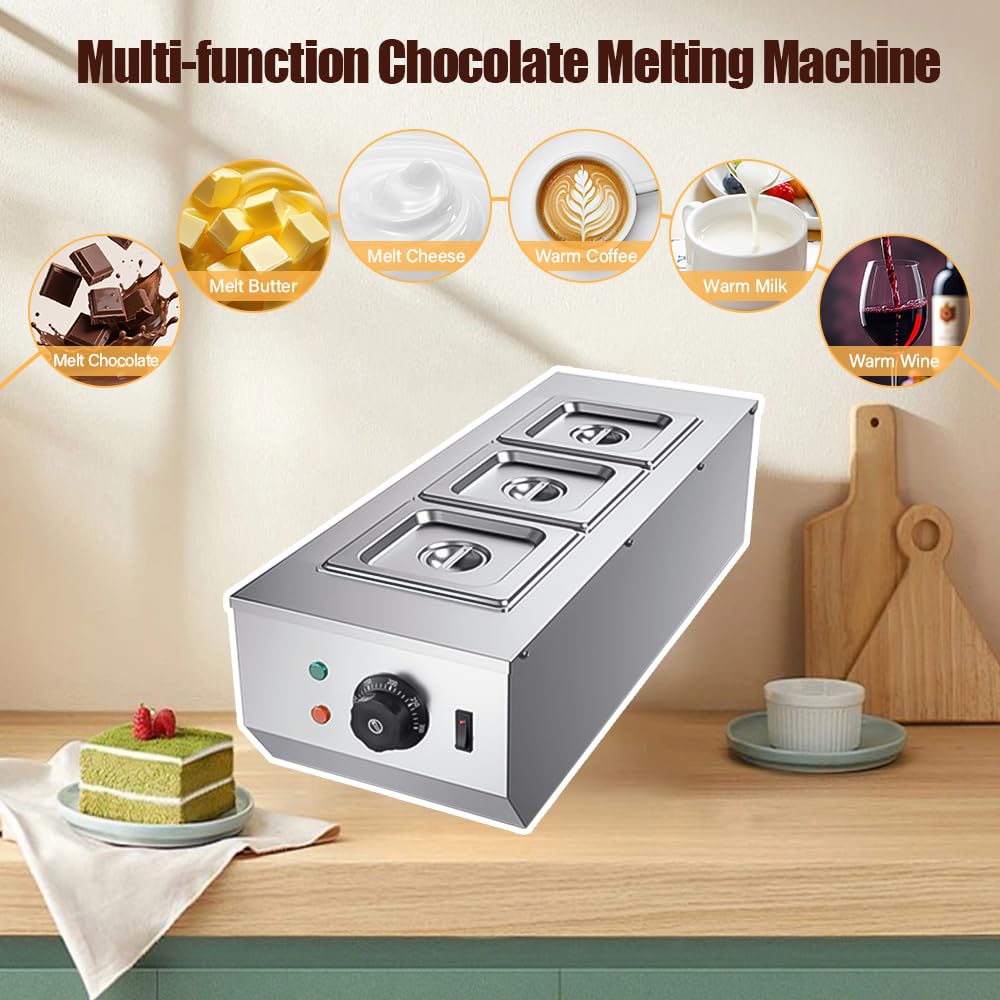 YUEWO Bagnomaria Per Cioccolato Caldaia Elettrica Per Sciogliere Il Cioccolato Macchina Per Cioccolata Acciaio Inox 3 Serbatoi 4.5L 220V 1200W