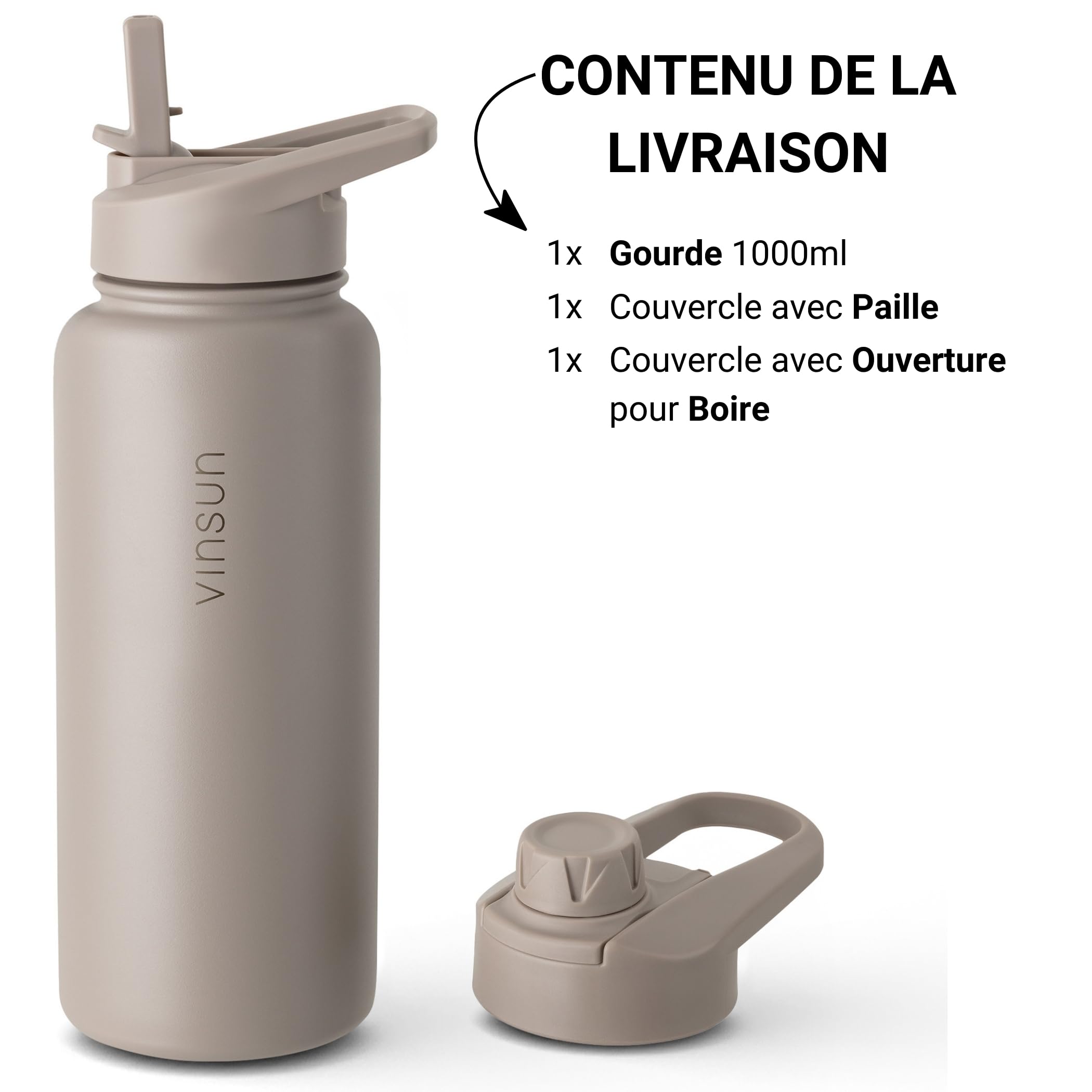 Vinsun Gourde Isotherme 1l - Anti-fuite, sans BPA, Reutilisable - Gourde Inox avec Paille et Ouverture pour Boire - Bouteille Isotherme Sport, École