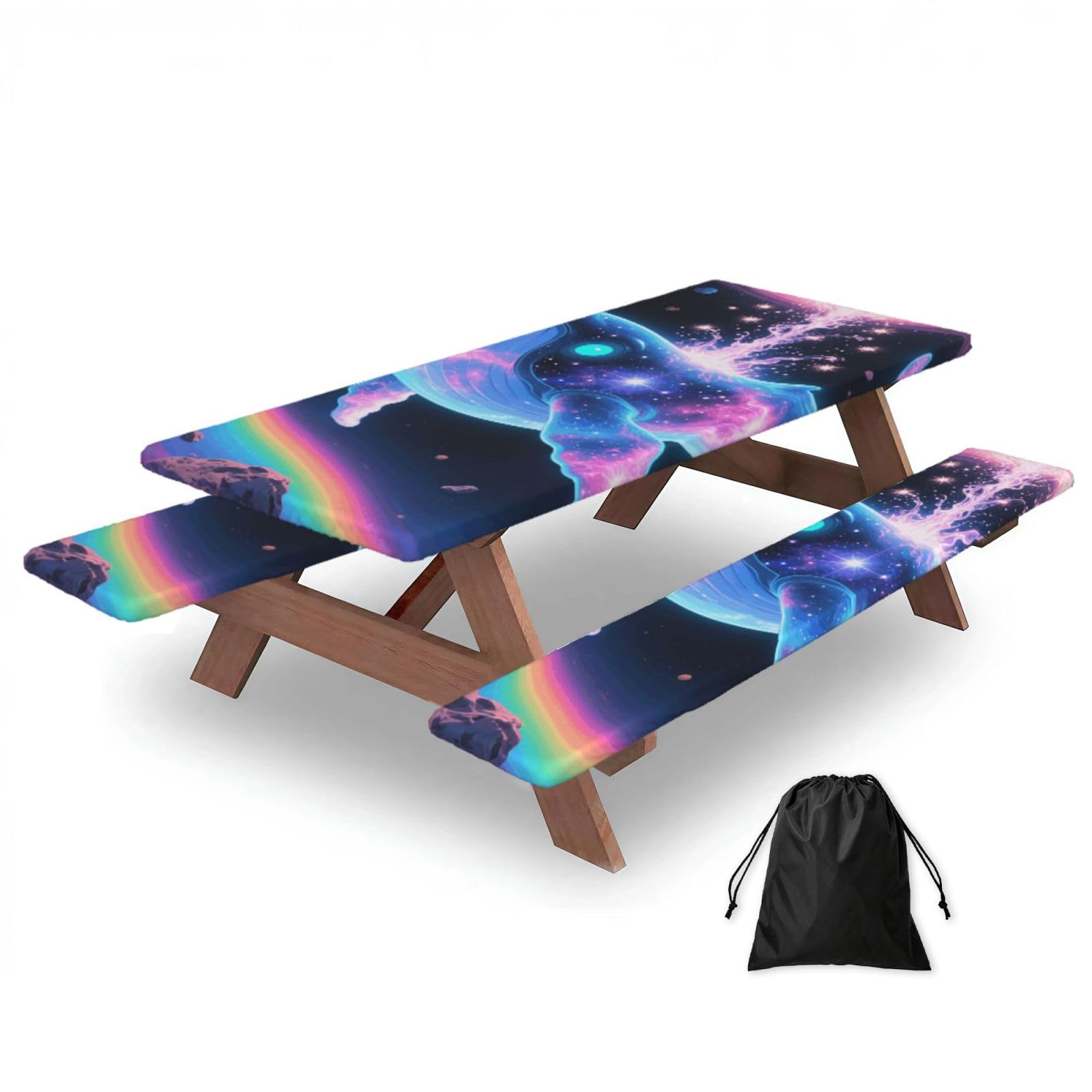 FekiLoot Sci-Fi Whale Picnic Table Cover with Bench Covers and Bag, Windproof Waterproof Rectangle Tablecloth with Elastic Edges Fitted Camping Table Covers for Picnic Party Travel