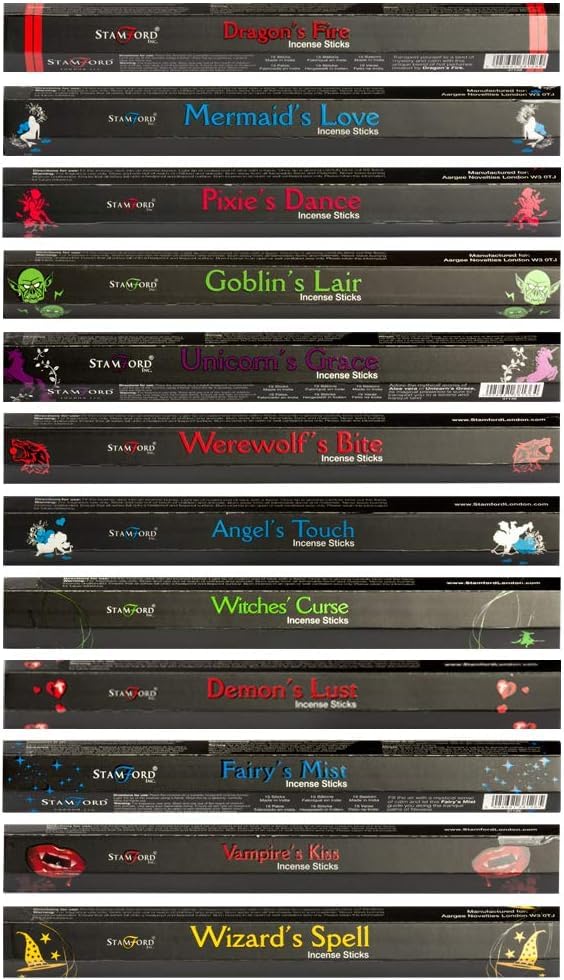 Stamford Fantasy Mythical Incense Sticks - 12 Unique Fragrances (15 Sticks Each) with JRose Burner, Black