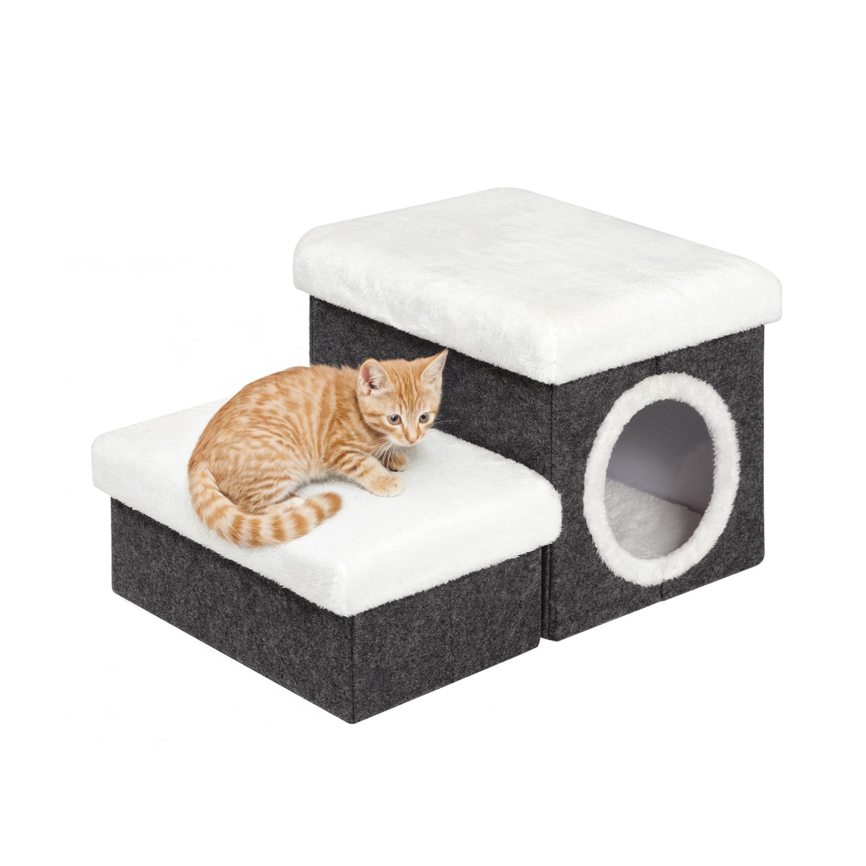 Bonlife Cat House Pet Stairs for Beds Sofa, Dog Bed for Indoor, Foldable Cat Climb Ladder with Storage,2-Tier Pet Steps with Toy Box,Dark Grey,58x40x32cm