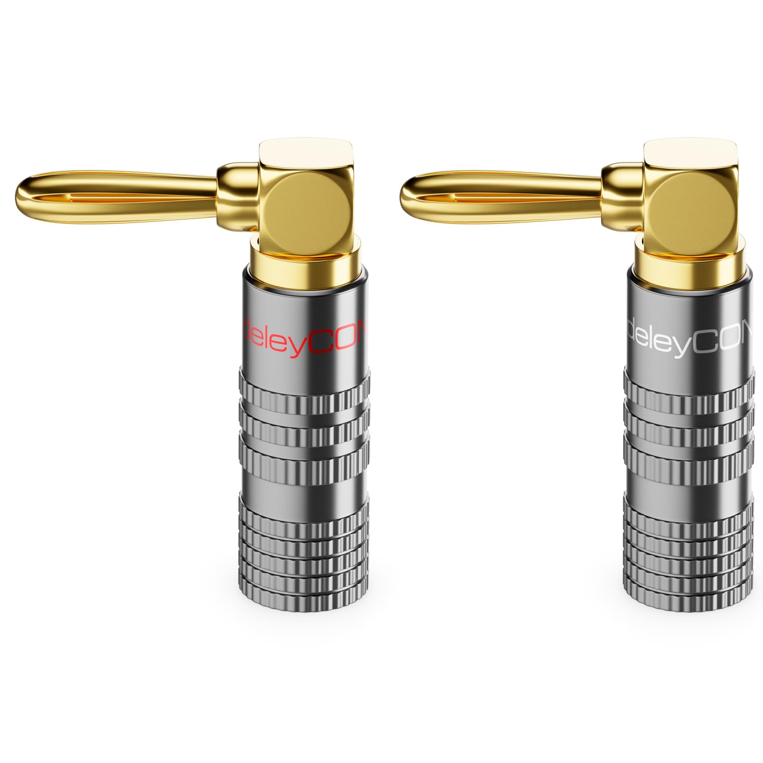deleyCON 4 Pezzi Spine a Banana Set 90° Angolato Placcato Oro Avvitabile per Cavo Altoparlanti 0,75-4,5 mm HiFi Home Theater