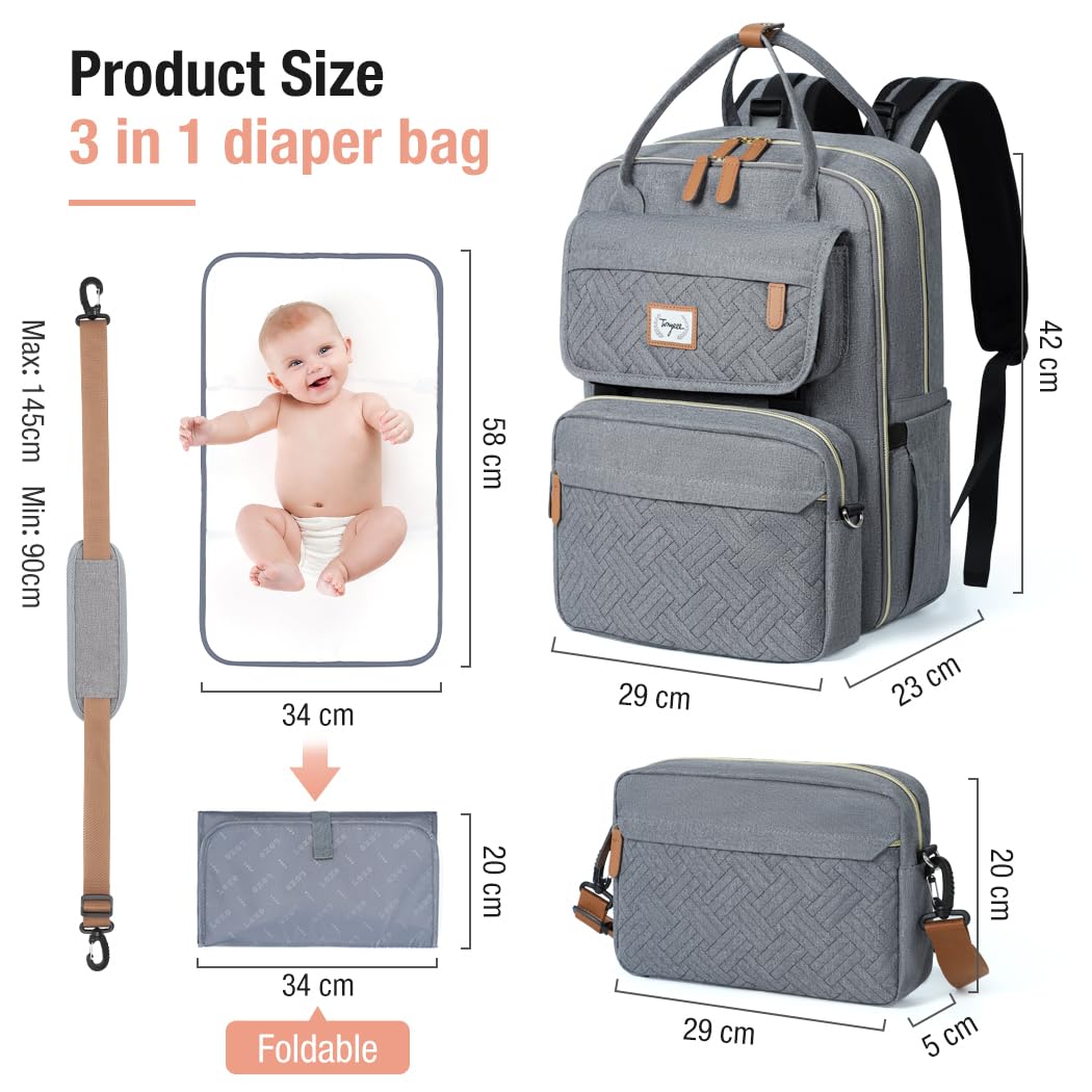 Zaino Fasciatoio,Borsa A Tracolla Rimovibile，Zaino Neonato Multifunzione Mamma，Borsa Porta Pannolini Con Materassino Fasciatoio, Cinghie Per Passeggini, Tasche Isolanti Bottiglia
