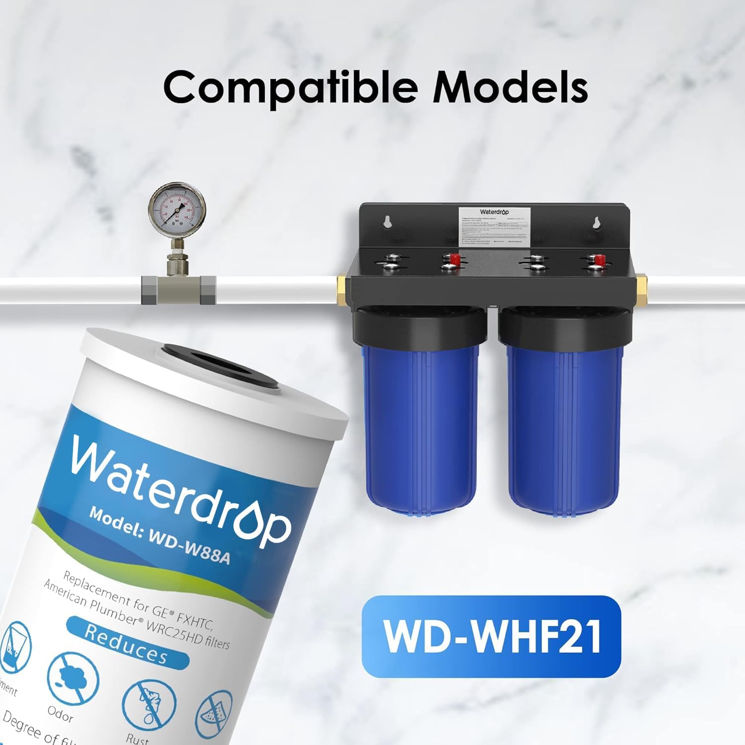 Waterdrop FXHTC Whole House Carbon Water Filter, Replacement for GE® FXHTC, GXWH40L, GXWH35F, Culligan® RFC-BBSA, American Plumber W10-PR, W10-BC, WRC25HD, 10" x 4.5" Cartridge, 5 Micron, Pack of 2