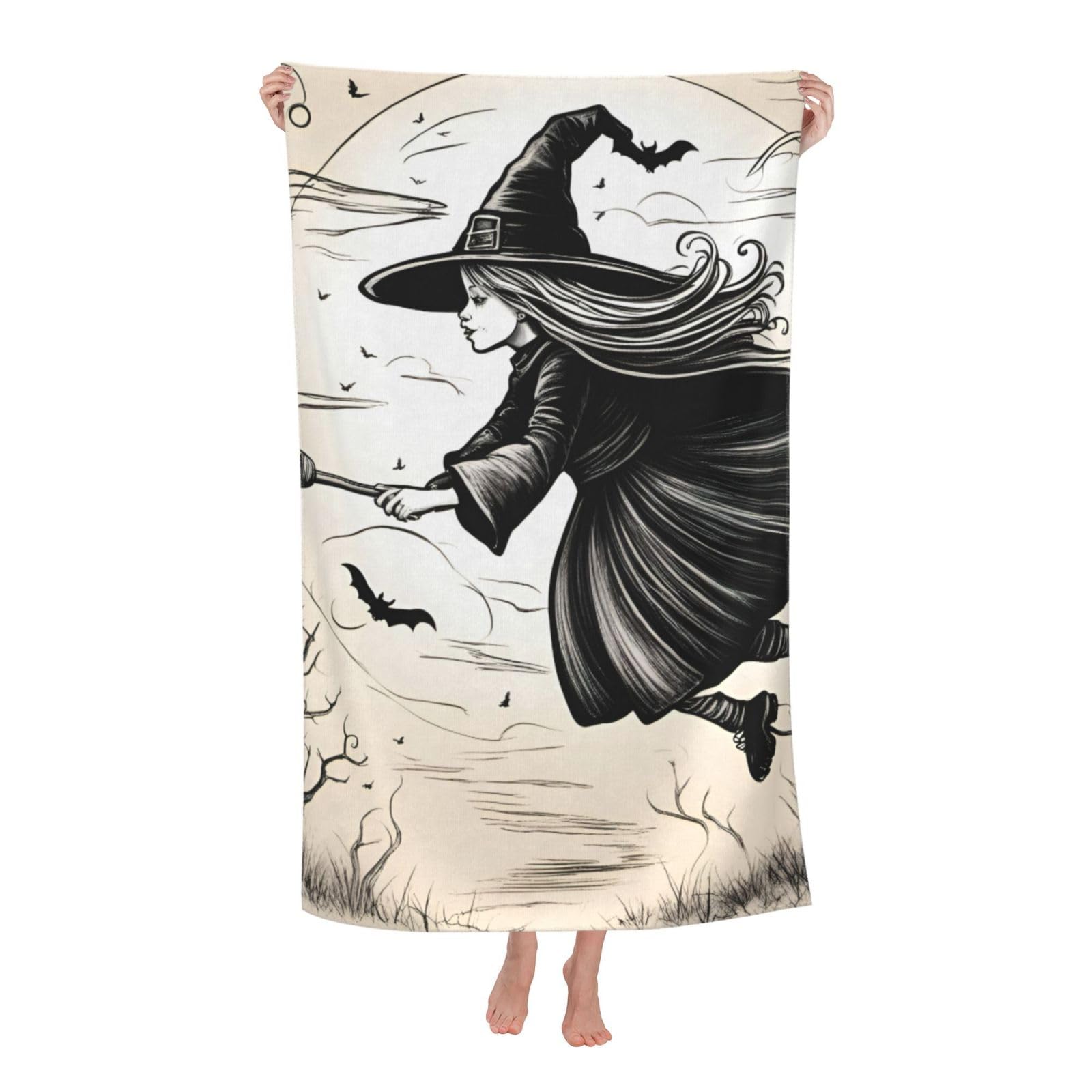 NImongt Halloween Witch Flying Print Oversized Adult Beach Towel For Travel Weekend Getaways Festivals Camping Trips