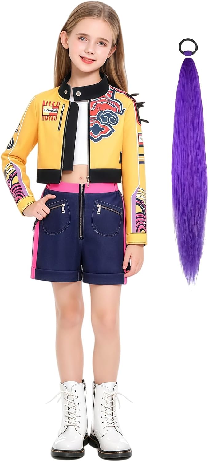 Girls Pop Star Heroine Costume Kids Halloween Fantasy Stage Cosplay | Girls Pop Star Heroine Costume Fantasy Stage Cosplay Jacket Top Shorts Hair Piece Decal Sheet Birthday Party