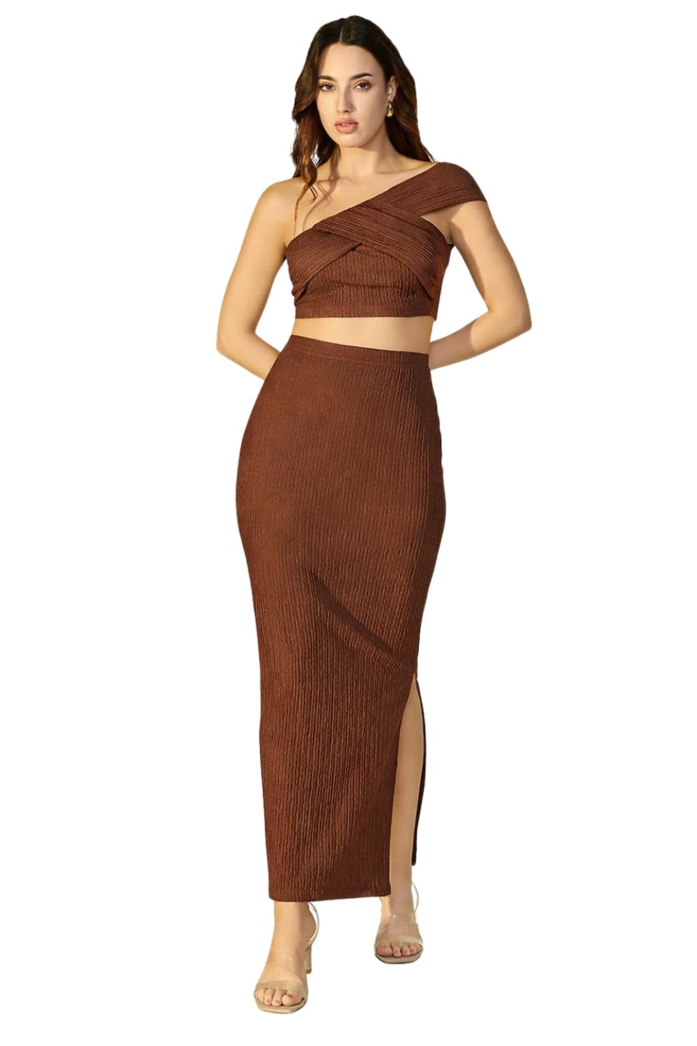 showoffff Edition Women's Textured Brown One Shoulder Crop Top & Skirt Co Ord Set-CHN-2323_Brown-picture-14