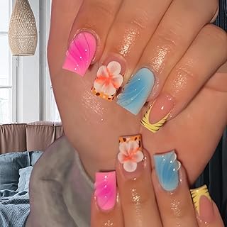 24 Pcs Press on Nails Short Square,YIHONGYAN Fall 3D Water Ripples Flowers Fake Nails Press ons Multi-colored Nail Tips Acrylic Kit Glue on Nails Full Cover False Nails Stick on Nails for Woman