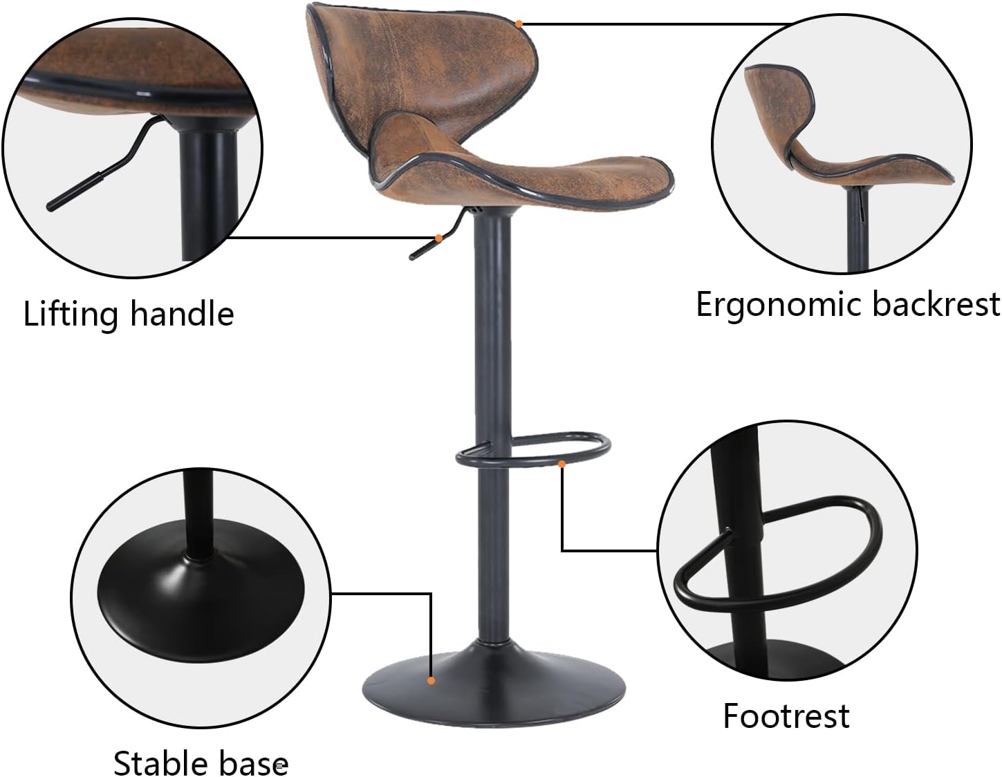 Bar Stools Set of 2 Height Adjustable Swivel Bar Stool with Back Modern Bar Stools for Indoor Outdoor Counter, Kitchen Island, Bistro, Pub, Bar（Retro Brown）