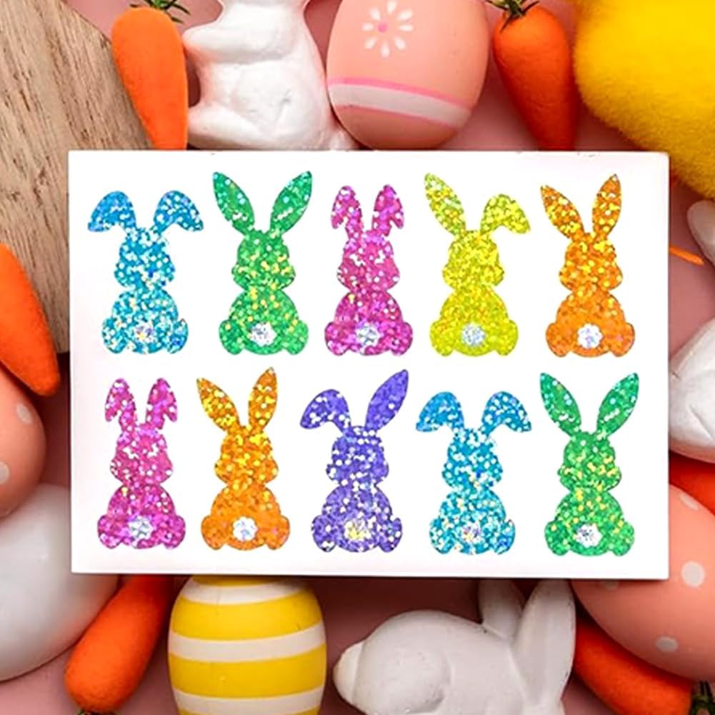 500PCS Easter Stickers Roll 6 Colors Spring Happy Easter Bunny Stickers 1.5in Holographic Self-Adhesive Decorative Label Sticker for Envelopes Scrapbook Gift Holiday Party Decorations