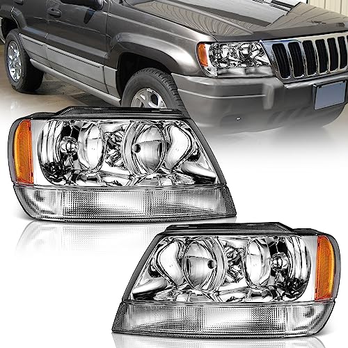 WEELMOTO Headlights Assembly Pair For 1999-2004 Jeep Grand Cherokee Halogen Headlight Assembly Headlamp Replacement For 1999 2000 2001 2002 2003 2004 Jeep Grand Cherokee Chrome Housing+Amber Reflector