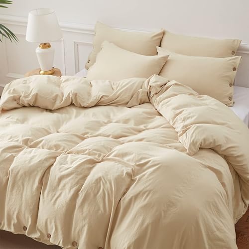 Miniatura 3 de SunStyle Home Juego de funda de edredón beige tamaño individual con cierre de botones, 2 piezas de color liso, lujoso, ultra suave y agradable para