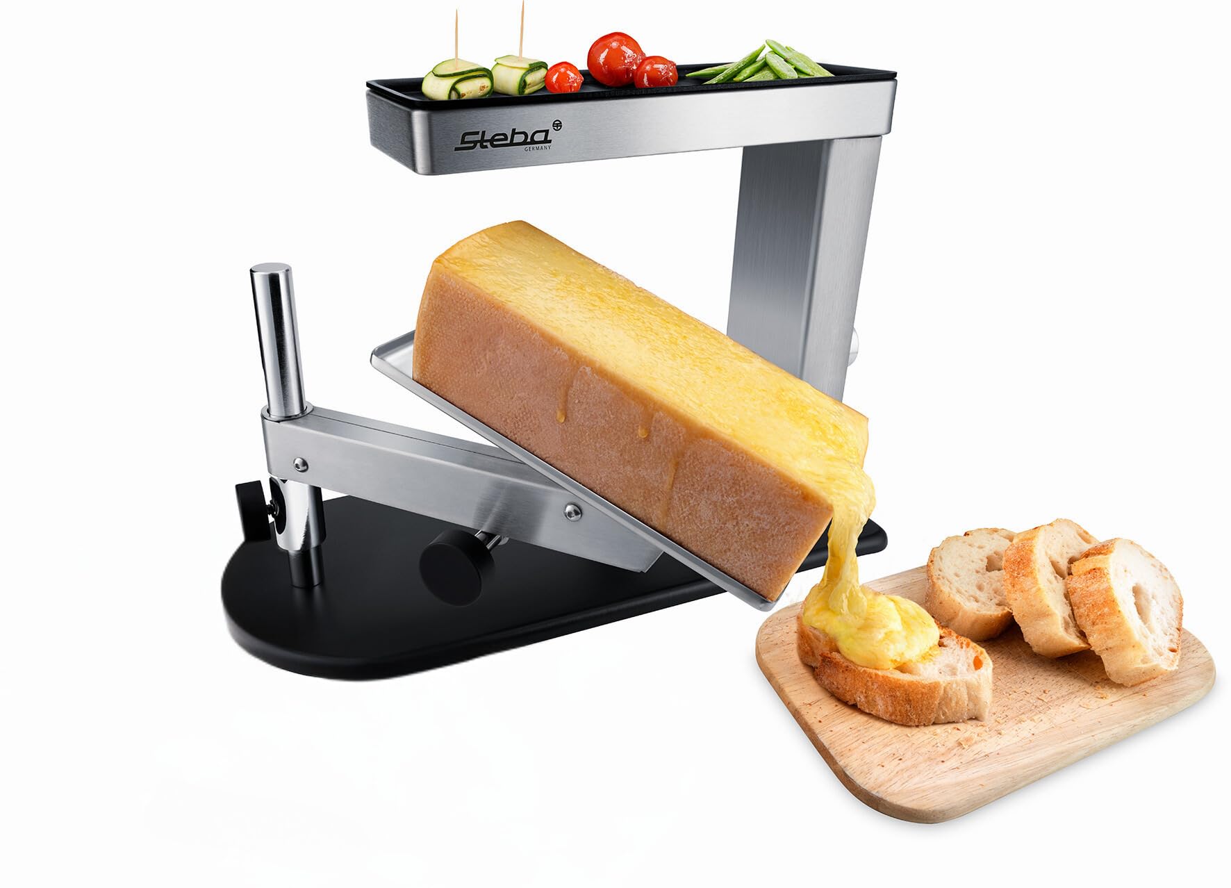 SPRING Raclette Oven | Cheese Melter | Stainless Steel | Continuously Adjustable Height | With Grill Plate with Non-Stick Coating | Cheese Scraper | Swiss Raclette Device | 36 x 17 x 25 cm