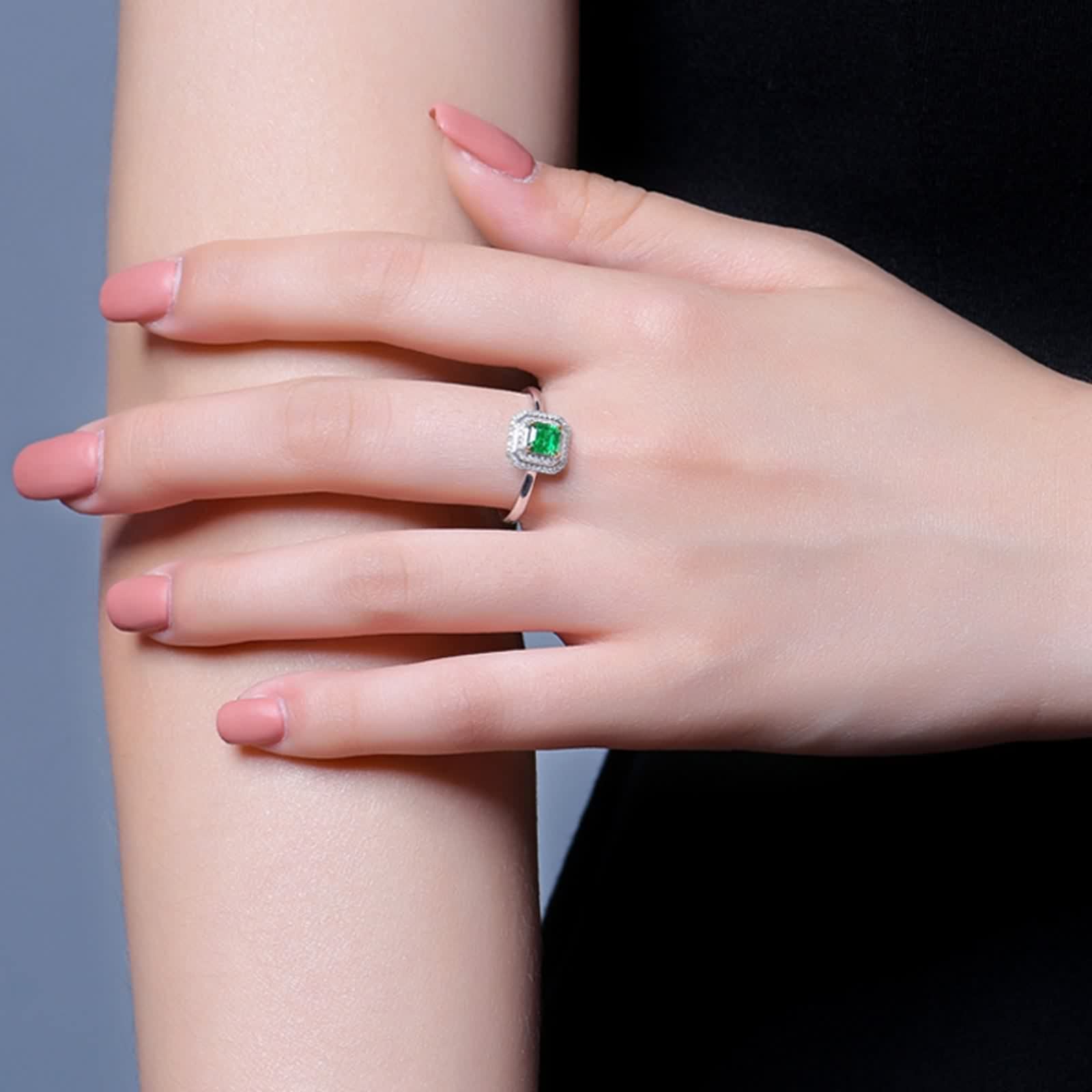 Anillos de Mujer Plata, Alianzas de Boda Cuadrado de 4 Garras con Incrustaciones de Esmeralda Creada En Laboratorio con Joyero