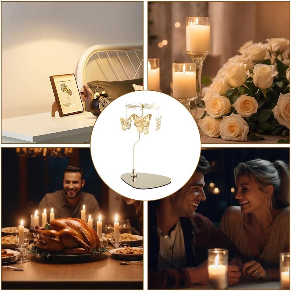 Spinning Candle Holder with Tray Butterfly Gold Carousel Candle Spinner Windmill Metal Rotating Tea Light Candle Holder Candlestick Ornament for Table Centerpiece Home Party Wedding Decor