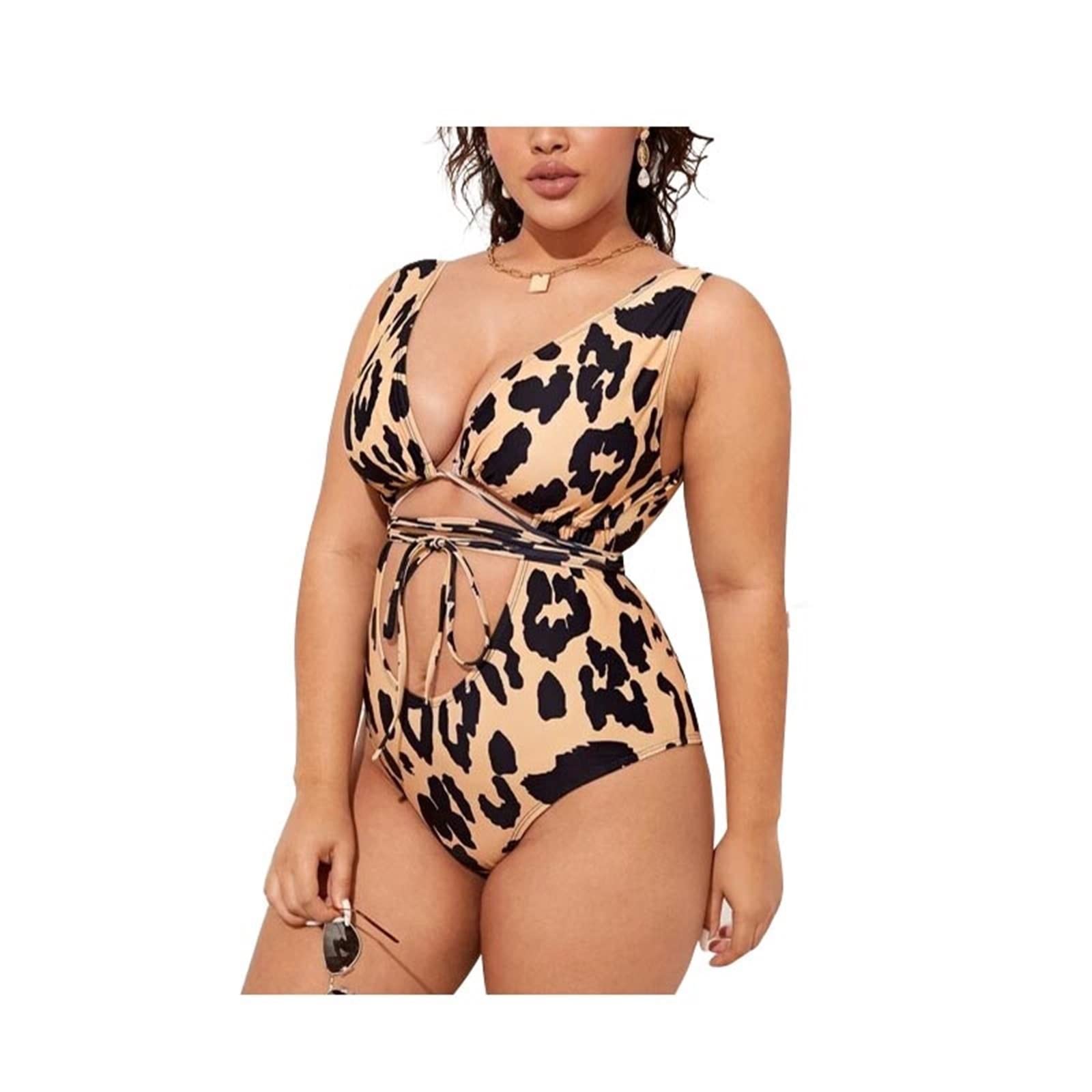 Kostium kąpielowy plus size 1 sztuka, damski strój kąpielowy wycięcie bez pleców nadruk panterka poliester miękki strój kąpielowy