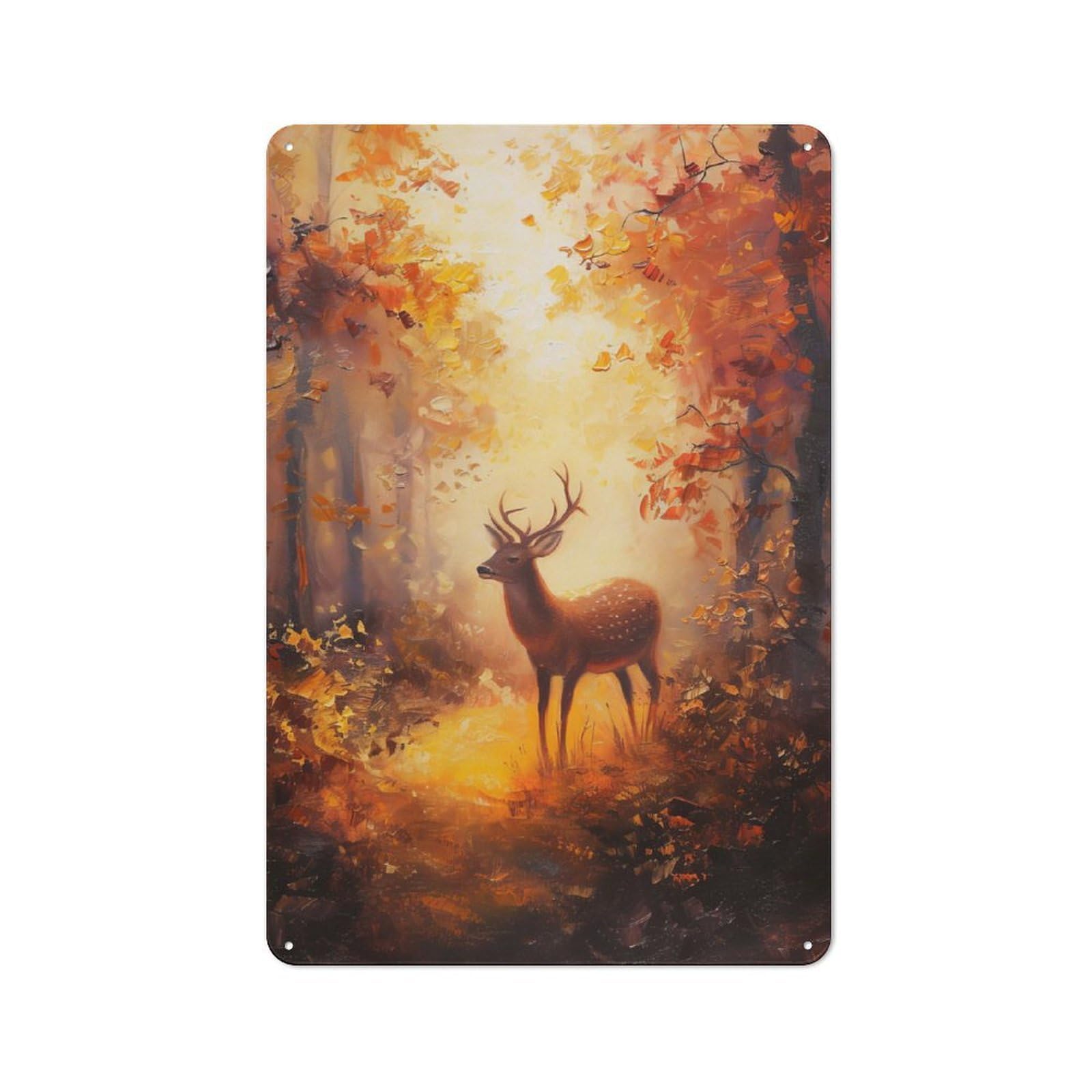 Junmoney Deer In Autumn Forest Painting Tin Wall Plaque 30X20cm With For Pub Or Café, With Clear Vintage Wall Decor Character