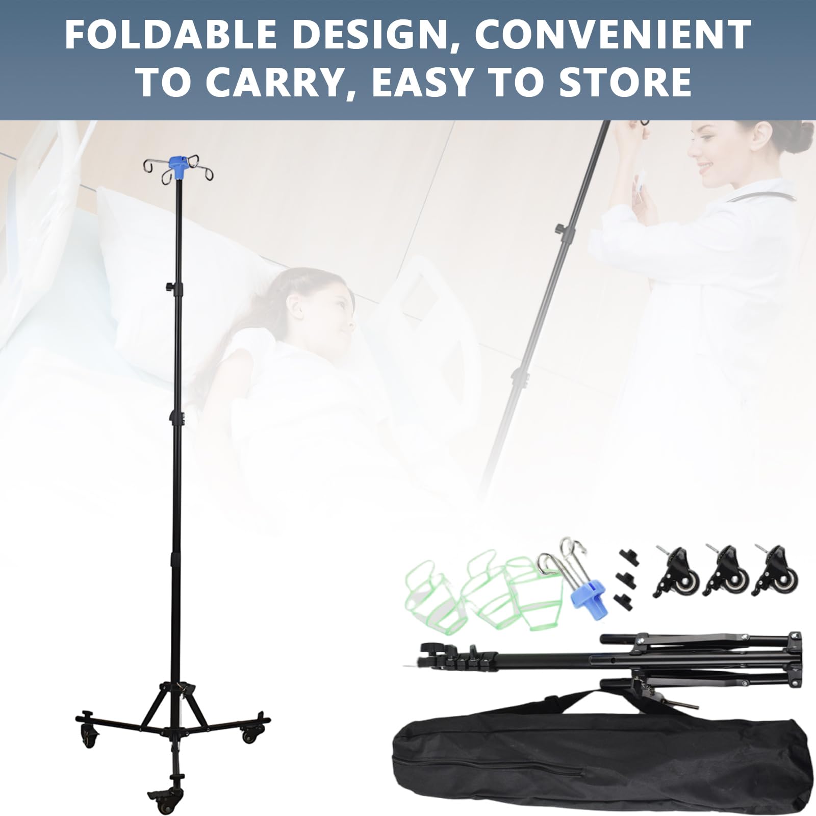 Soporte de Infusión Ajustable con Ruedas, Barra IV Plegable, Altura Ajustable 85 cm-190 cm, Soporte Intravenoso Portátil con 4 Ganchos y Trípode estable, Para Hospital y Cuidado del Hogar