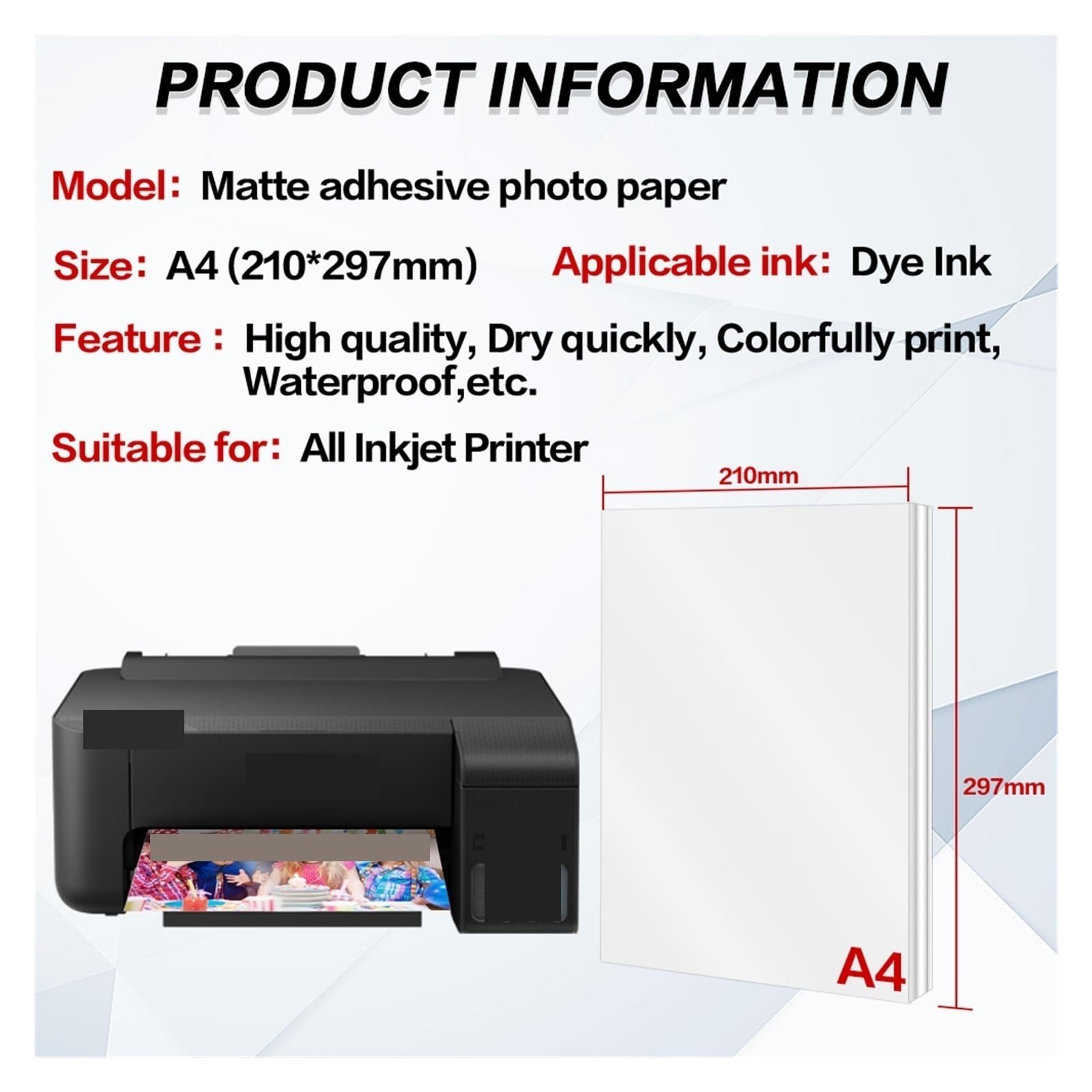 A4 20/40 Blatt Selbstklebendes, Mattes, selbstklebendes Fotopapier for alle Tintenstrahldrucker. Mattes Druckerpapier, Tintenstrahl-Aufkleber-Fotopapier Lucky (Color : 40 Sheets)