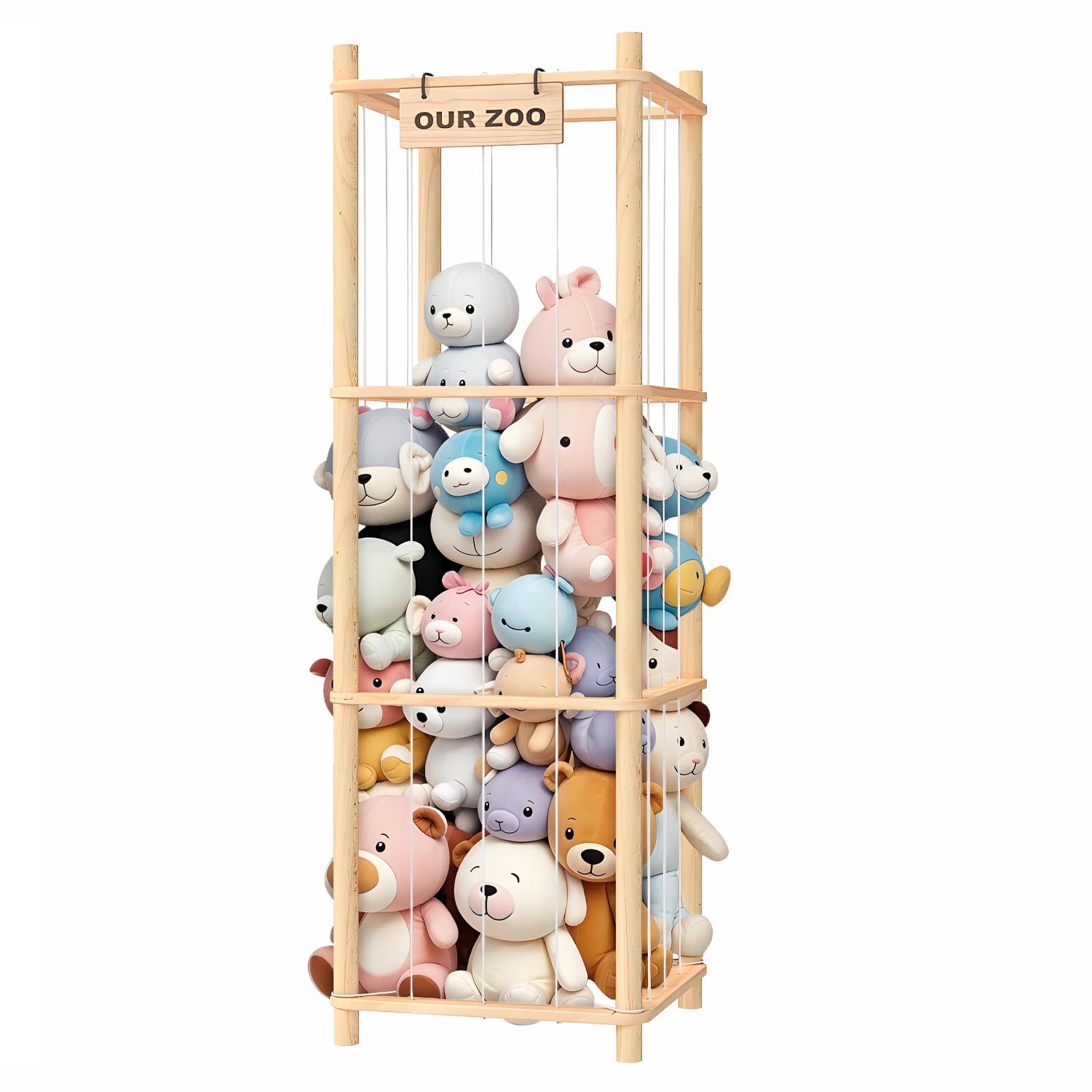 Three-Tier Stuffed Animal Storage Zoo, 15.74 x 15.74 x 53.54 inches Stuffed Animal Organizer with Elastic Cords, Soft Toy Storage Organizer, Space Saving Toy Plushies Storage Holder for Playroom Bedro