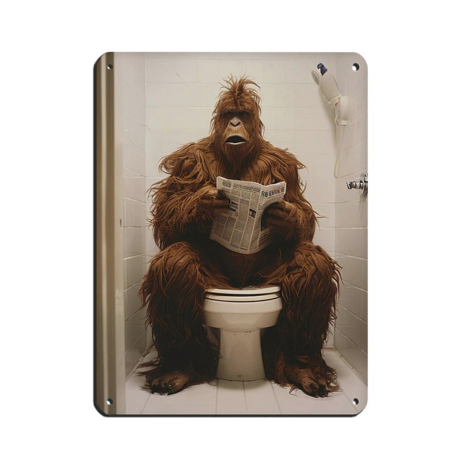 Sasquatch Sitting on The Toilet Reading A Newspaper (8) Tin Sign Vintage Metal Pub Club Cafe Bar Home Wall Art Decoration Poster Retro 12x16inch(30x40cm)