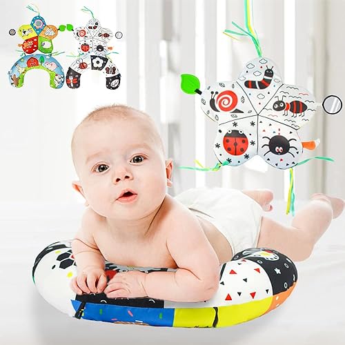 Almohada para el tiempo de barriga con alfombrilla arrugada, mordedores y espejo, almohada de tamaño más pequeño en blanco y negro para recién