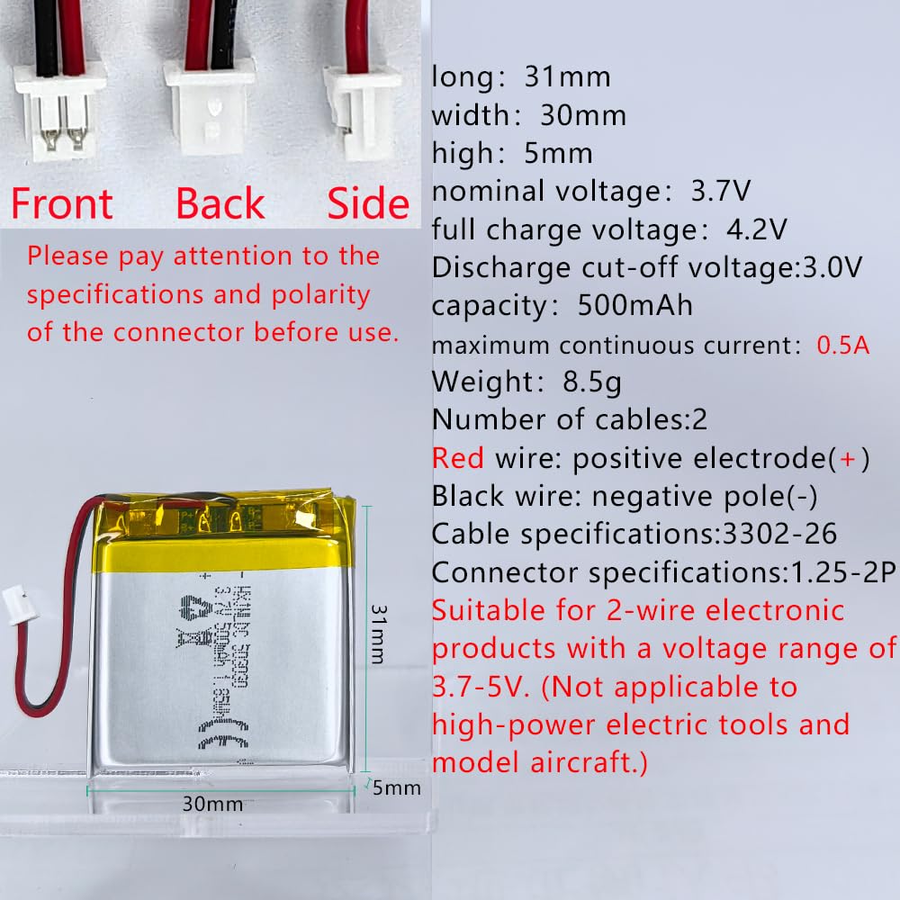 HXJNLDC DC 3.7V 500mAh 503030 Rechargeable Lithium Polymer Battery, Suitable for DIY 3.7-5V Electronic Products with Built-in 2-Wire Battery Replacement and LED Lights