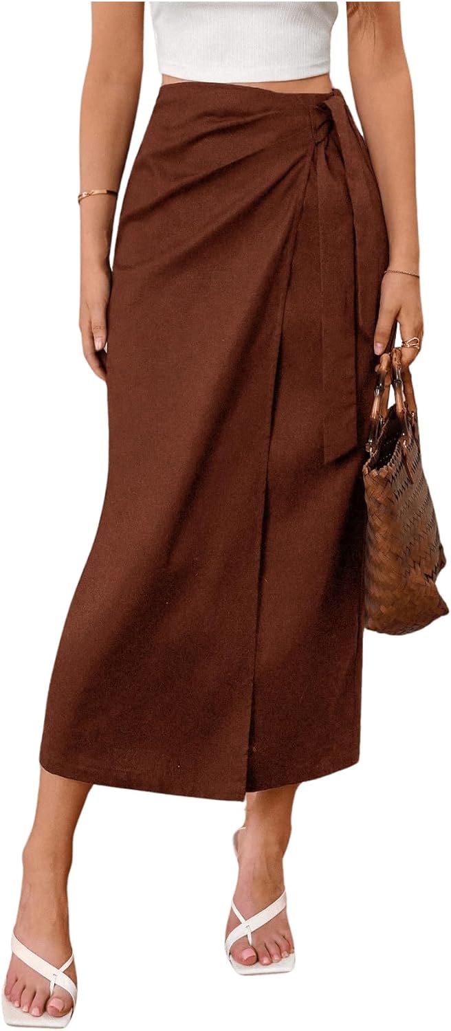 MakeMeChic Women's Wrap Tie Side Maxi Skirt High Elastic Waist Y2k Flowy Pencil Long Skirts