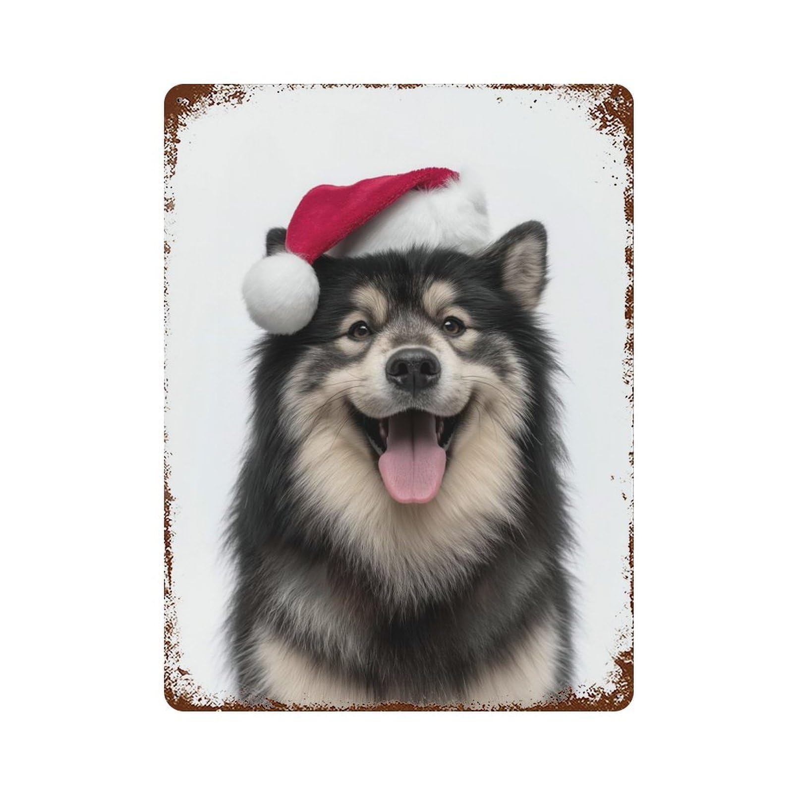 Happy Finnish Lapphund Dog with Santa Hat Rusty Metal Tin Sign 15.7"x11.8", Ideal for Farmhouse, Kitchen And Entryway Decor