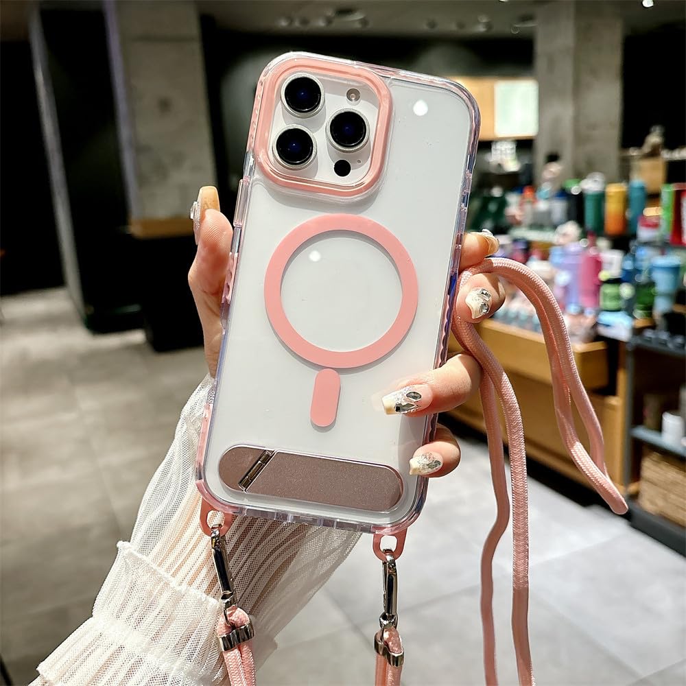 Coque cordon iPhone 12 transparente rose : protège et libère les mains - 7
