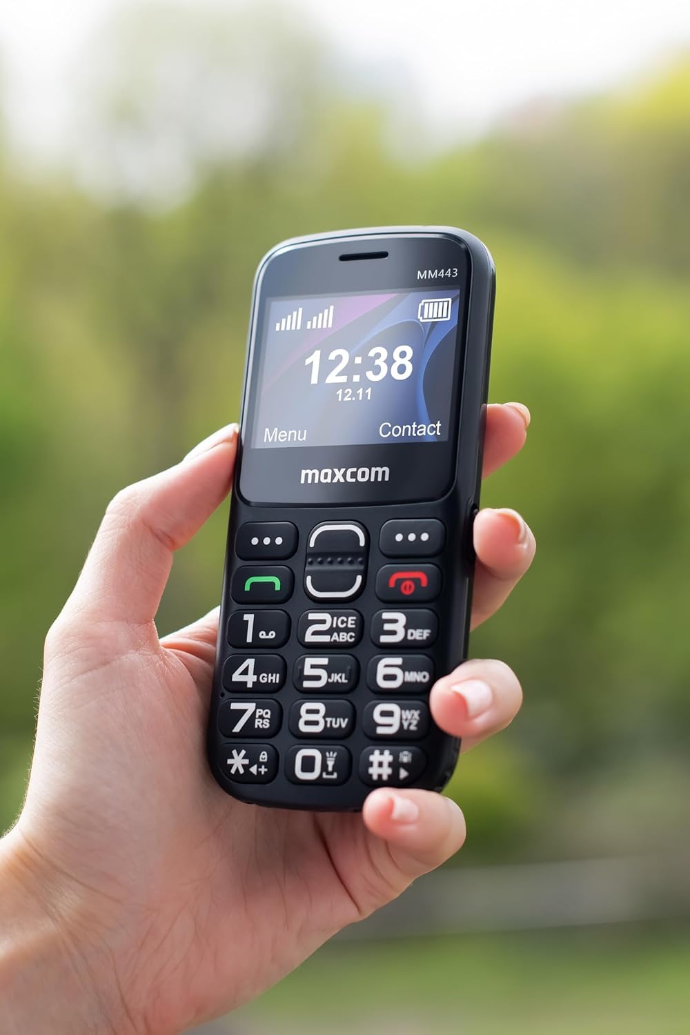 Telefono cellulare per anziani 4G con tasti grandi e pulsante SOS, base di ricarica, Dual SIM, batteria 1700 mAh, display 2,31", volume alto, facile da usare, Maxcom MM443 nero