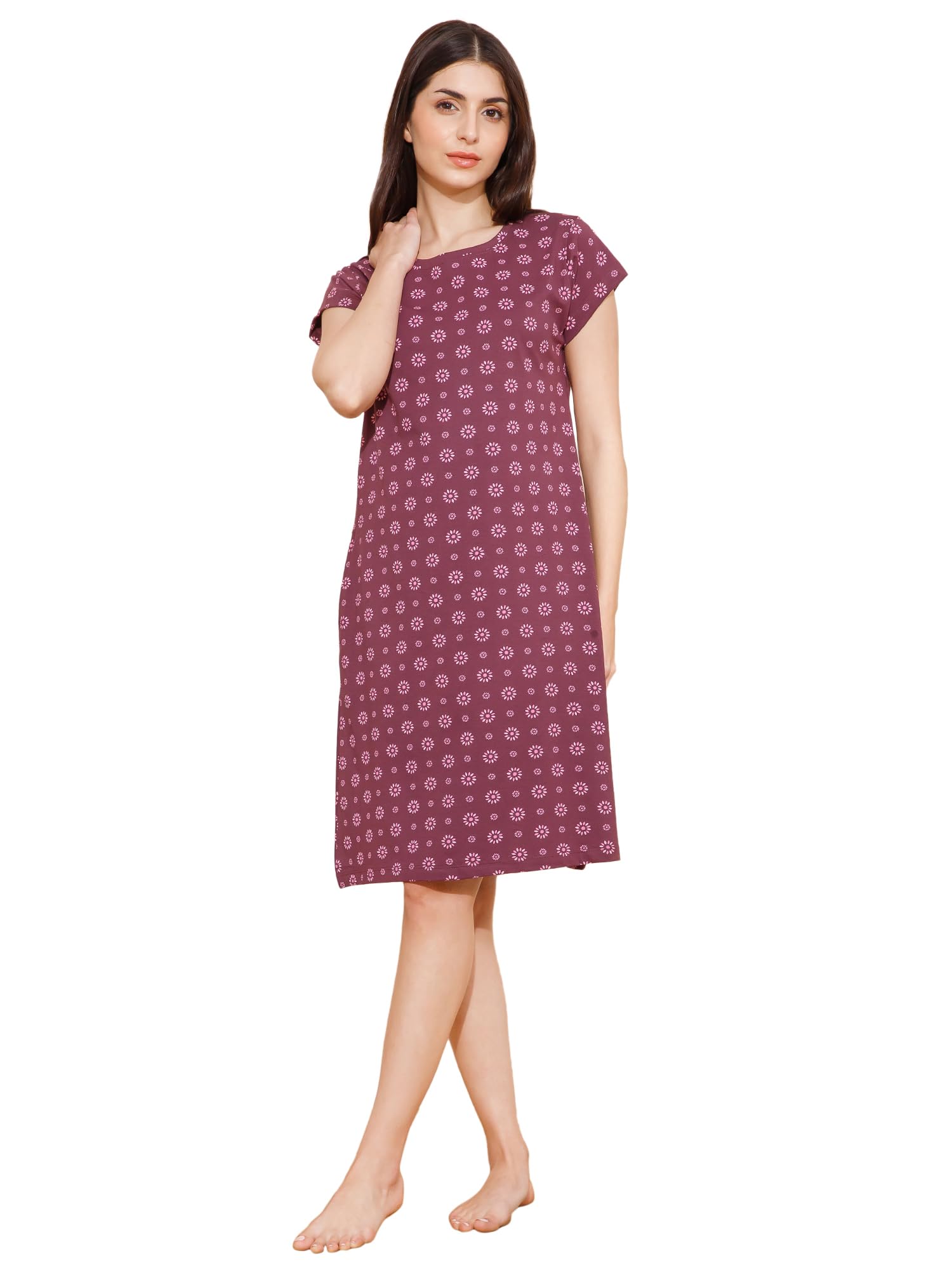 Mushy Mod Women's Cotton Flower Print Knee Length Night Dress/Night Gown/Short Nighty - MM-3004