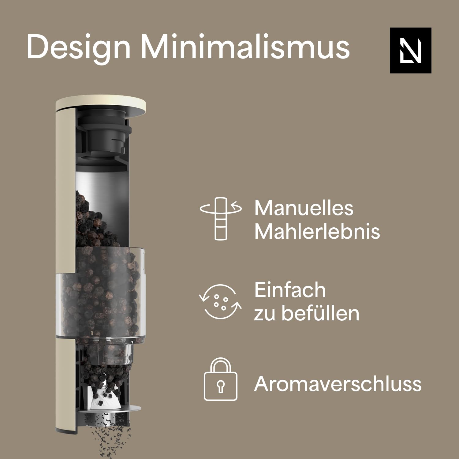 LARS NYSØM Salz und Pfeffermühle Set Manuell mit einstellbarem Keramikmahlwerk I Edelstahl Pfeffermühle und Salzmühle I Design Gewürzmühlen Set (2 Stück)