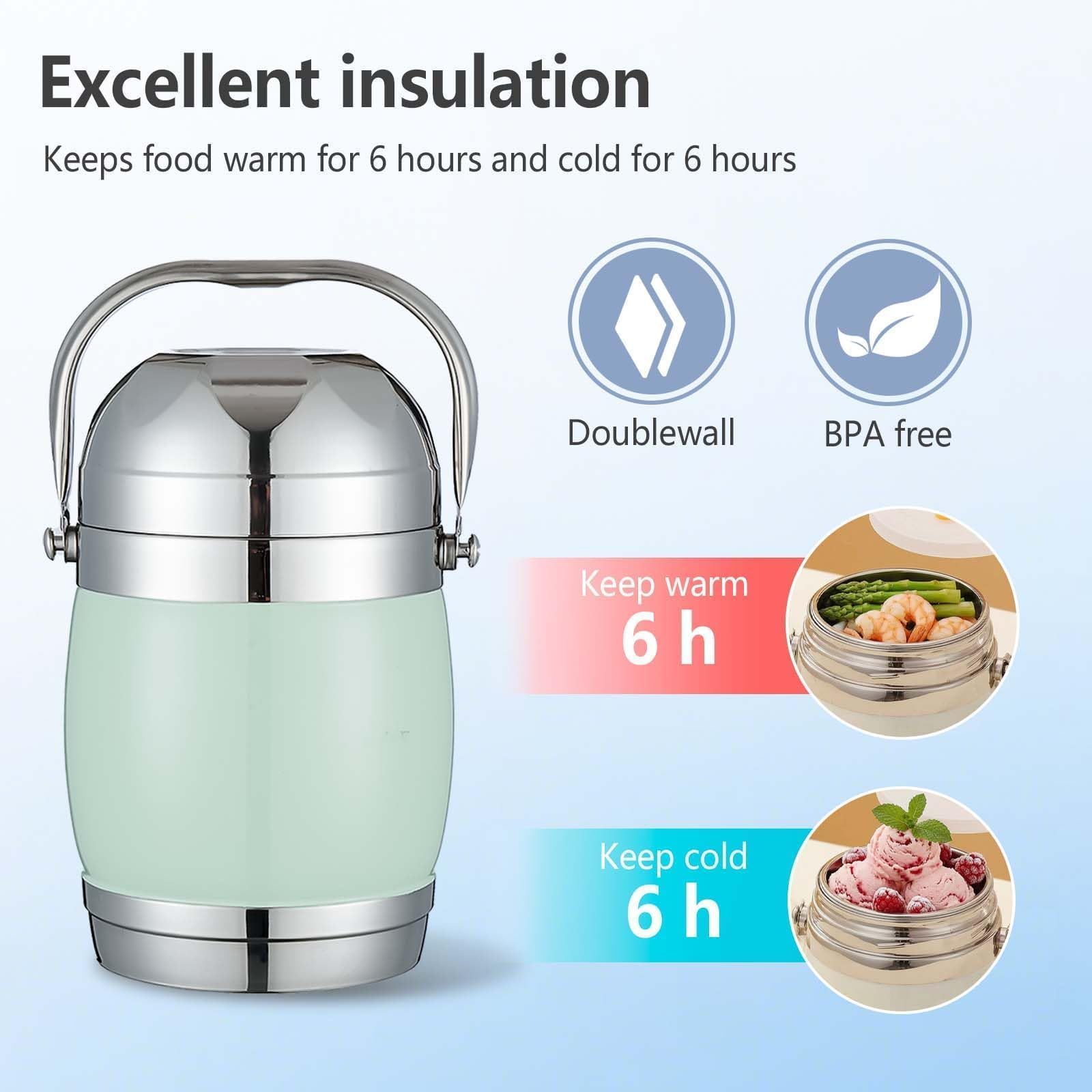 Gran Tarro de Alimentos Portátil de Acero Inoxidable al Vacío 1,7 L, 3 Niveles Apilables Bento Lunch Box, Hermético y Apto para Lavavajillas, Aislamiento 6h para Trabajo, Picnic, Camping, Verde