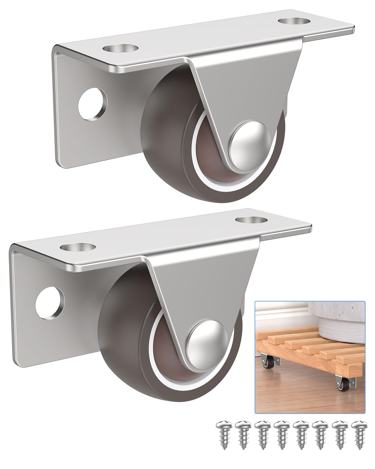 Anobeyi 1-Inch Low Profile Casters Wheels Set of 2, Mini Side & Top Plate Mounted Caster Wheels, Rigid Silent Rubber Castor for Small Cabinet