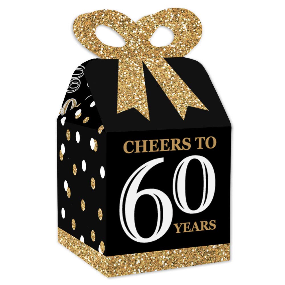 Big Dot of Happiness 60th Birthday Party Favor Gift Boxes - Elegant Gold Square Design with 3D Bow Top - Premium Cardstock Party Supplies for