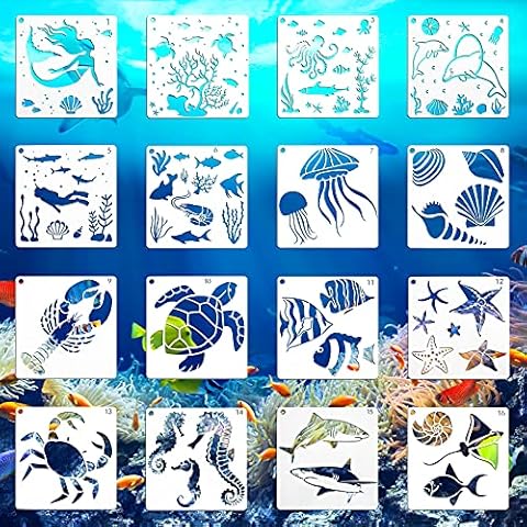 16 Pieces Sea Ocean Creatures Stencils, ToyaJeco Reusable Sea Animal Painting Drawing Stencils Template, DIY Stencils Decoration for Painting on Wood Wall Decor Rock Painting (6 x 6inch) Cover