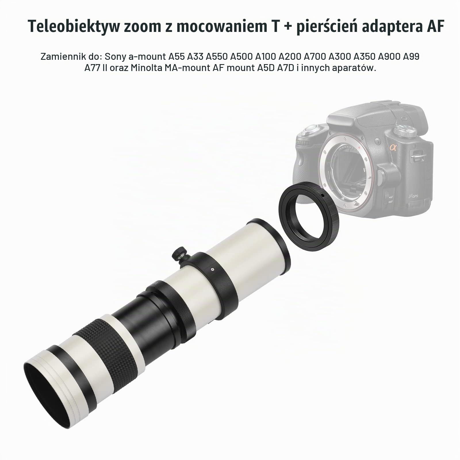 Namolit MF Super Teleobiektyw Zoom Obiektyw F / 8.3-16 420-800mm Mocowanie T2 z pierścieniem adaptera z mocowaniem AF 1/4 Gwint Wymiana dla Sony Alpha-Mount Minolta AF-Mount