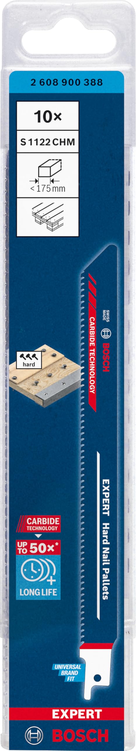 Bosch Professional 10x Hojas de sierra sable Expert `Hard Nail Pallets` S 1122 CHM (para Madera con metal duro, Longitud 225 mm, accesorios Sierra sable)