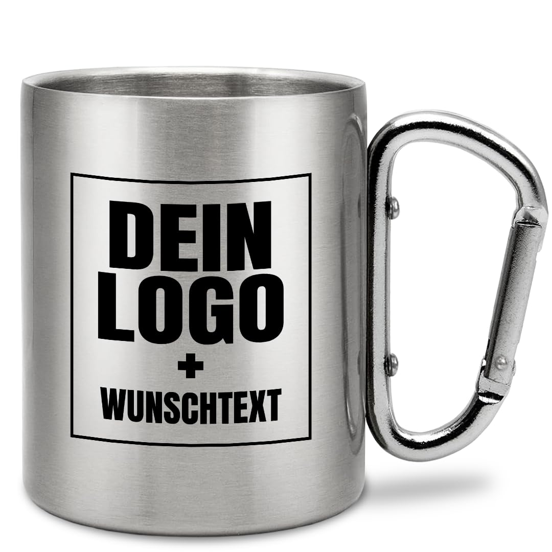 Personalisierter Edelstahl-Trinkbecher mit Karabinerhaken | Geschenkidee | 330 ml | Becher | Camping | Vereine | Fasching, Fasnetsbecher | Karneval, Vereinsbecher | personalisiert | Silber