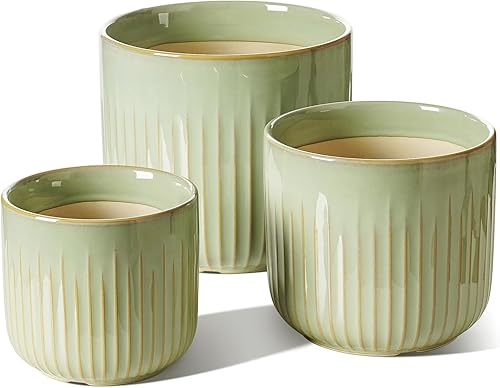 Miniatura 7 de LE TAUCI Juego de 3 macetas de cerámica estriada de 8.3/7/5.7 pulgadas de cilindro reactivo azul océano con tapón de drenaje y malla, macetas
