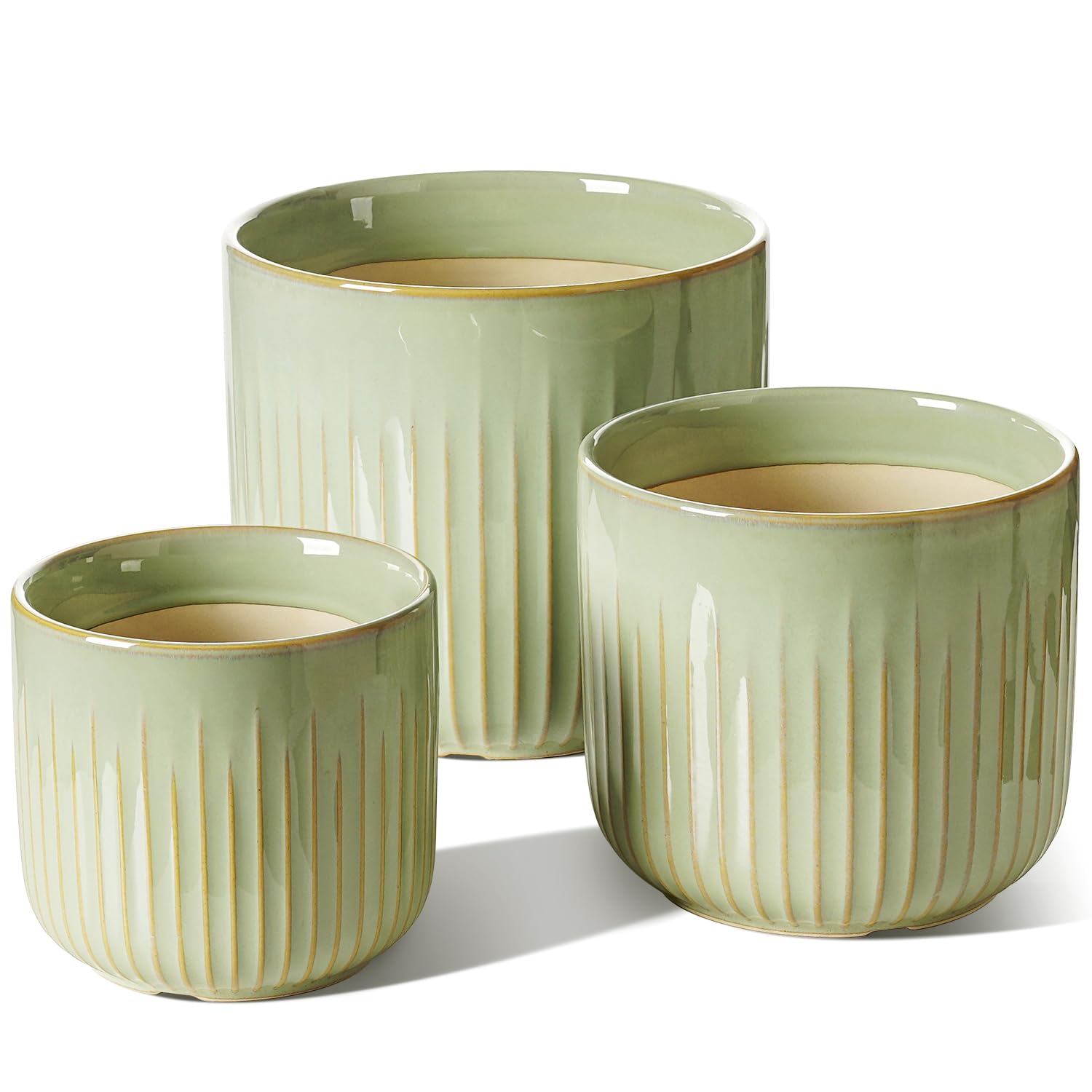 LE TAUCI Ceramic Plant Pots Set, 21+17.5+14.5 cm Indoor Plant Pots, Flower Pots with Drainage Holes, Medium Cylinder Planters for Indoor House Plants, Set of 3, Reactive Glaze Summer Green