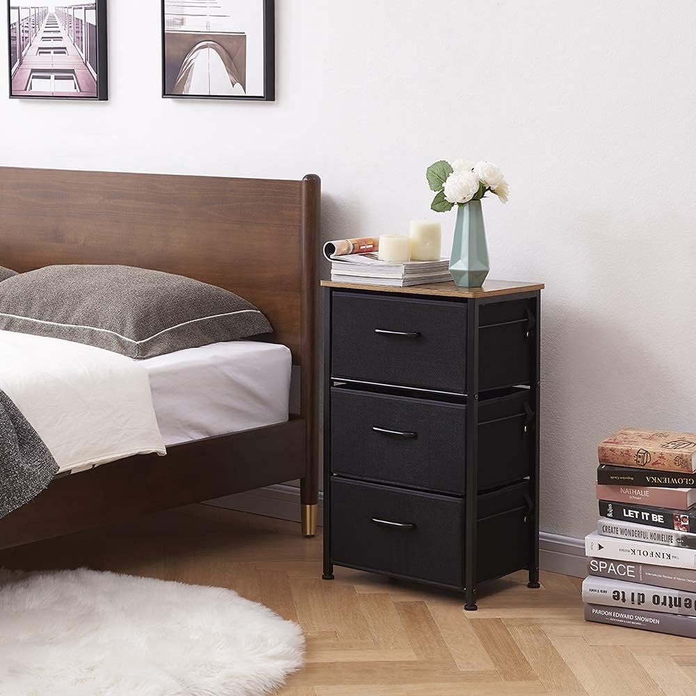 Black Friday - 80% OFF EKNITEY 3 Drawers Nightstand, Small Dresser Chest Sturdy Side End Table with Fabric Drawers and Wheels for Bedroom, Living Room, Office, Closet