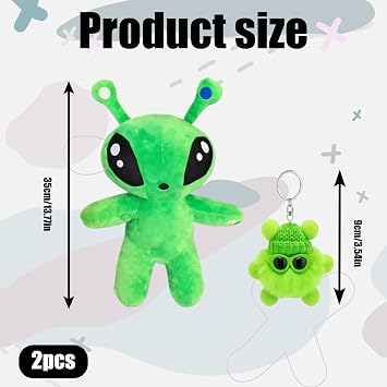 Alien Plush, 35cm Alien Stuffed Animal with Mini Alien Plush Charm Set, Soft Plush Stuffed Animal for Collectors and Enthusiasts, Bedtime Companion and Display Item for Special Occasions (2 PCS)