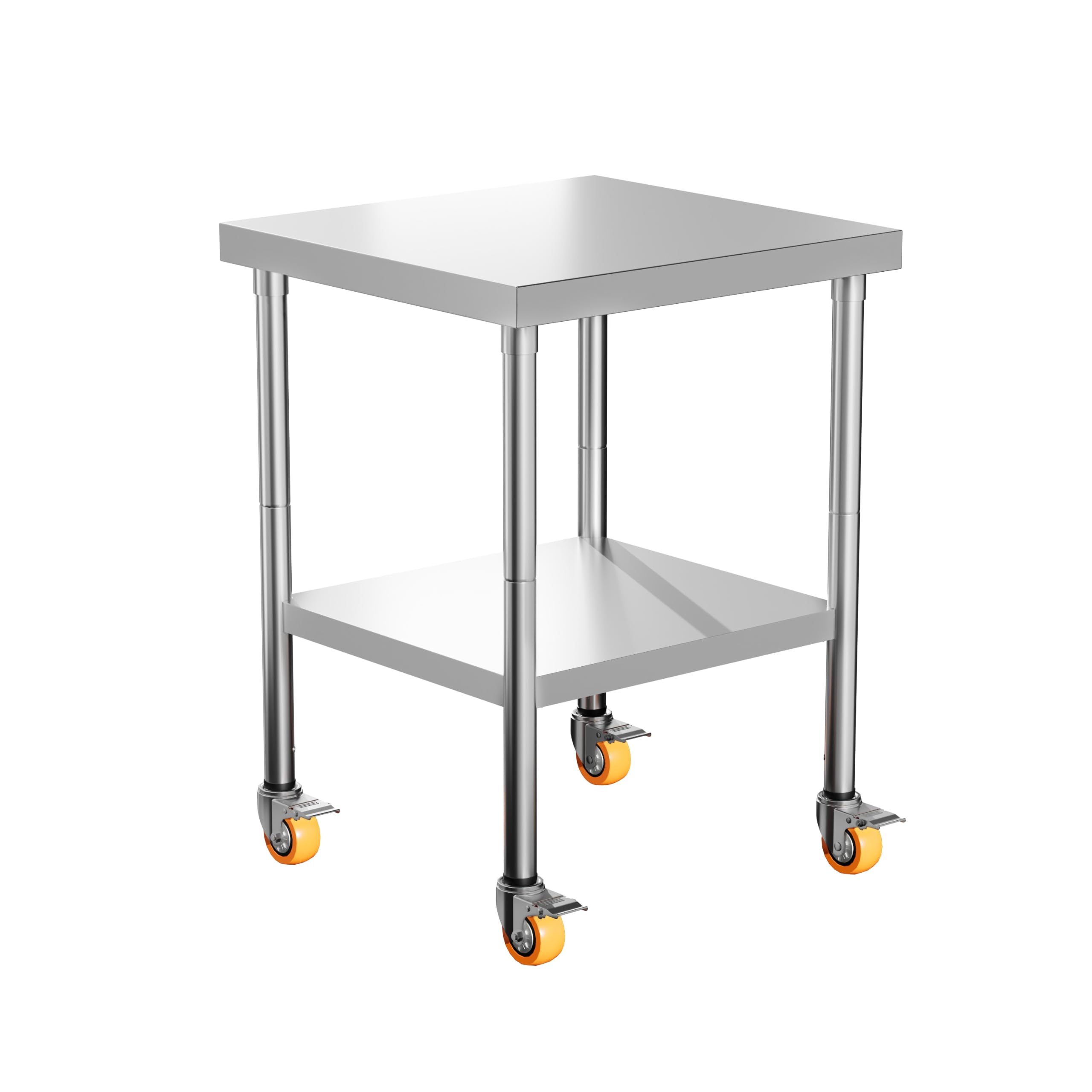 XMTECH Mesa de trabajo de acero inoxidable, 61 × 46 × 85 cm, con tablero DM, 300 kg de carga, mesa de cocina/mesa de preparación/mesa profesional con ruedas y estante inferior ajustable para cocina