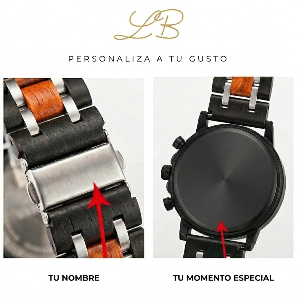 Reloj Madera Personalizado Hombre-Grabado Perdonalizable Regalo Boda Cumpleaños o Momento Especial Artesanal Movimiento Japones Cristal Durolex Resistente Agua Elegante Exclusivo